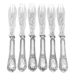 Berthier Rare French Sterling Silver Melon Forks Set 6 Pc, Napoleon III Period