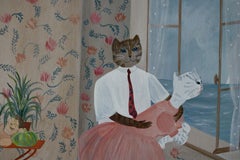 Folk Art, Vintage Cat Folk Art, French Figurative Oil on Canvas, Whimsical Art