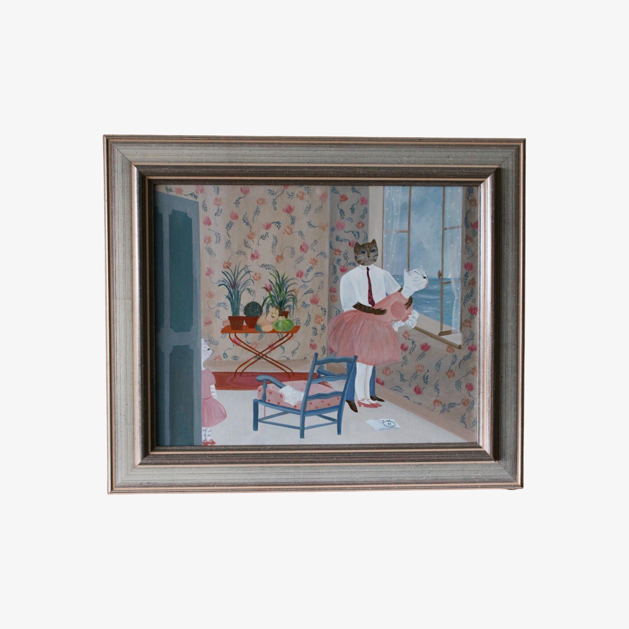 Vintage Französisch Katze figurative Kunst, Interieur skurrilen und romantischen Kunst mit Katzen