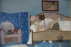 Vintage French Naive Interior Oil Painting, Cats in Interior Whimsical Wall Art (peinture d'intérieur naïve)