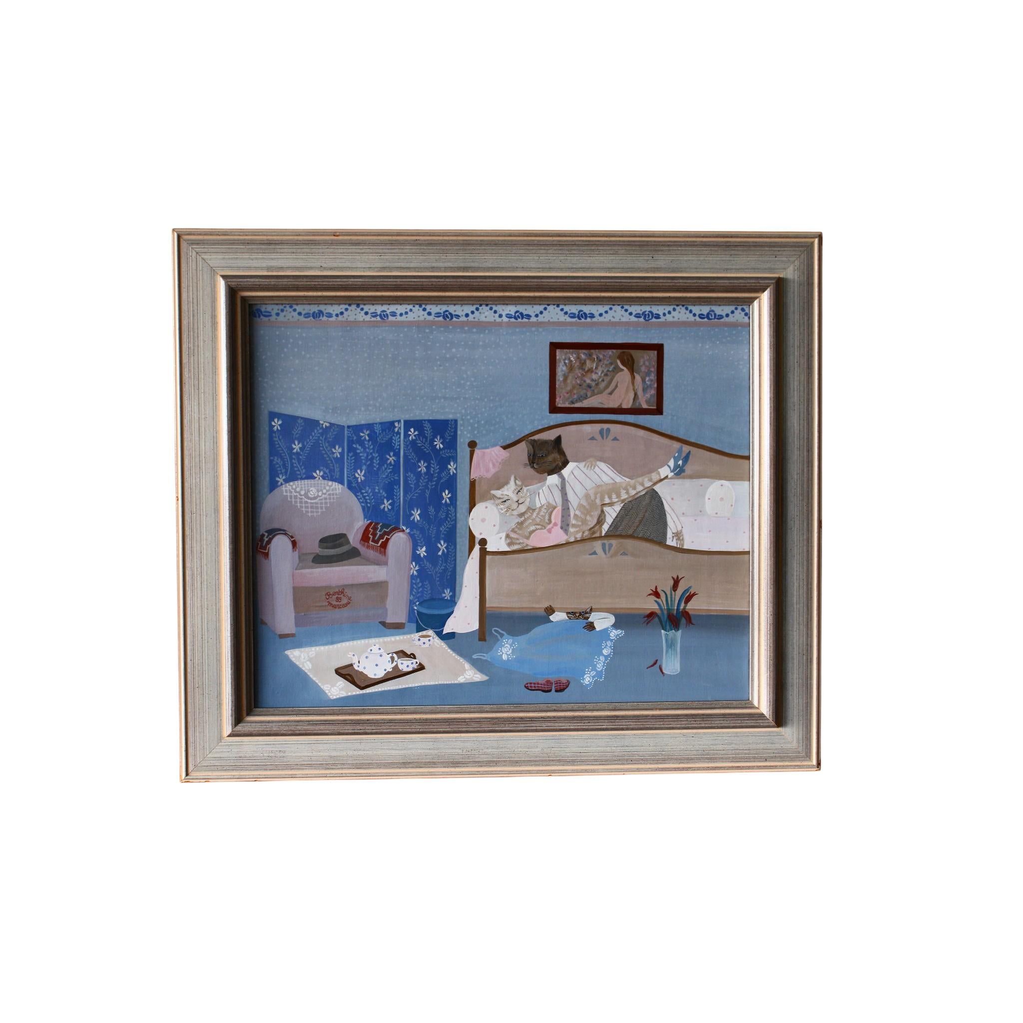 Berthine Marceau Figurative Painting – Vintage Französisch Naive Innenraum Ölgemälde, Katzen in Innenraum skurrilen Wandmalerei