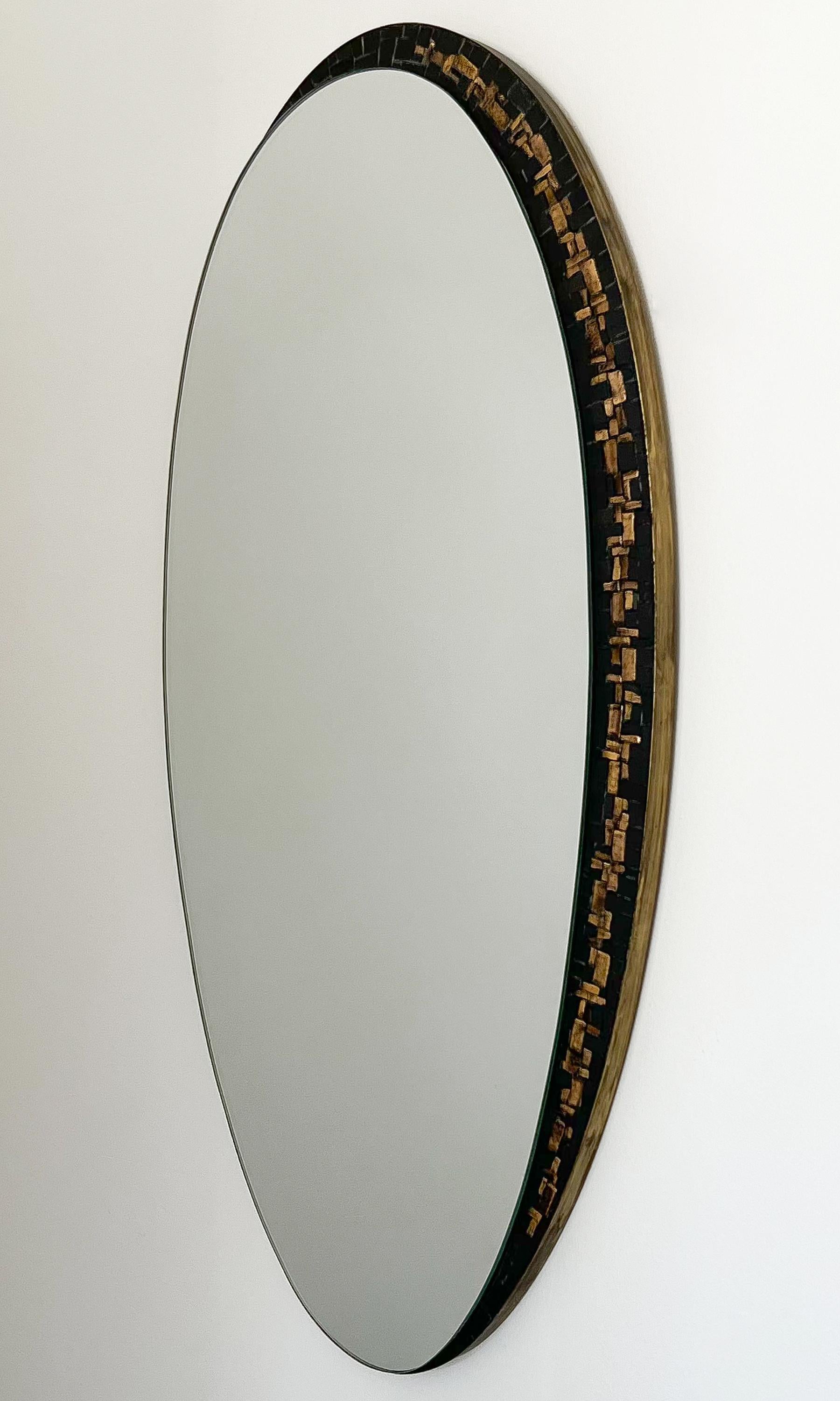 Mid-Century Modern Berthold Muller Black and Gold Mosaic Tiled Oval Wall Mirror