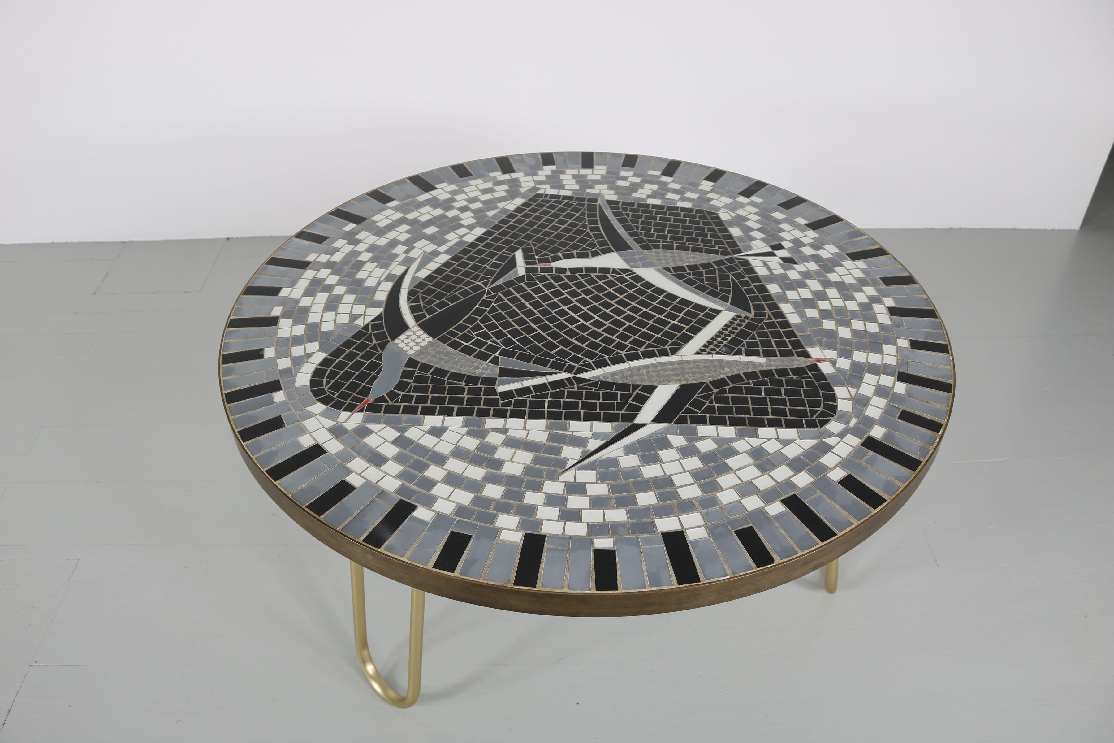 Berthold Müller German Round Mid-Century Seagull Motive Mosaic Sofa Table, 1950s 6