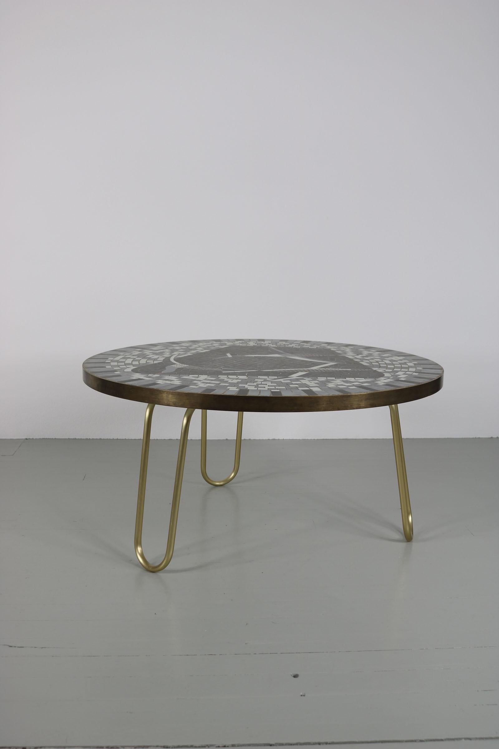 Mid-20th Century Berthold Müller German Round Mid-Century Seagull Motive Mosaic Sofa Table, 1950s