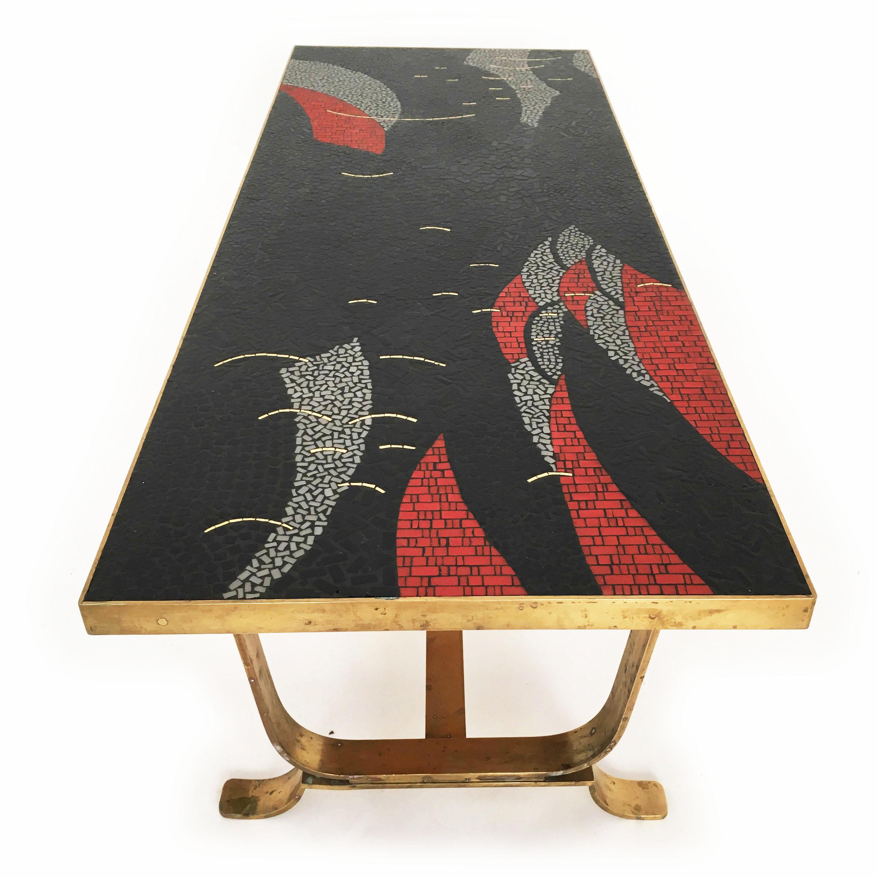 Delicate mosaic design on brass frame coffee table by German Artist Berthold Muller, Germany, 1950s.