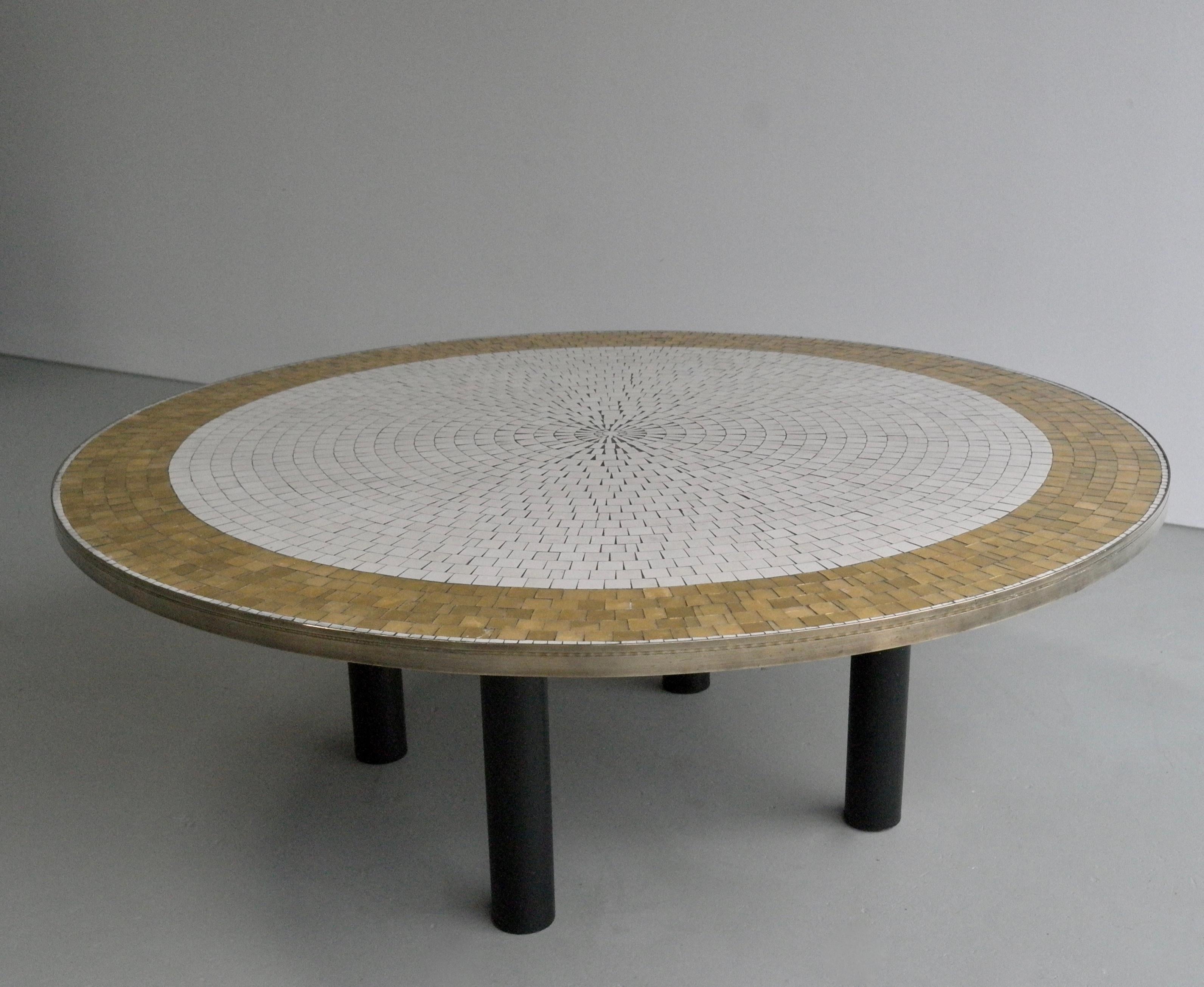  Berthold Müller Round Mosaic Gold and White Tile Coffee Table, 1960s 5