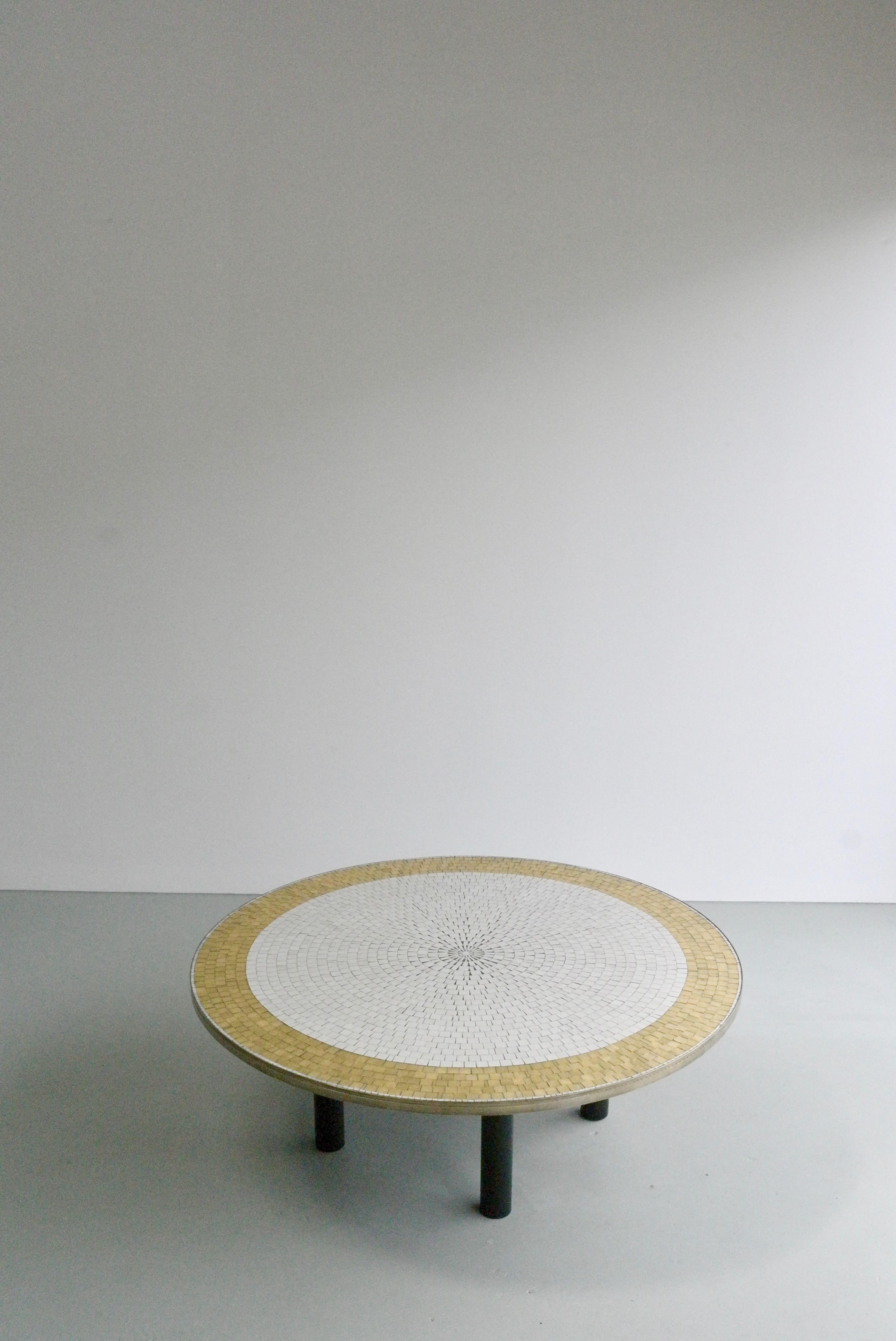 Mid-Century Modern Berthold Müller Round Mosaic Gold and White Tile Coffee Table, 1960s