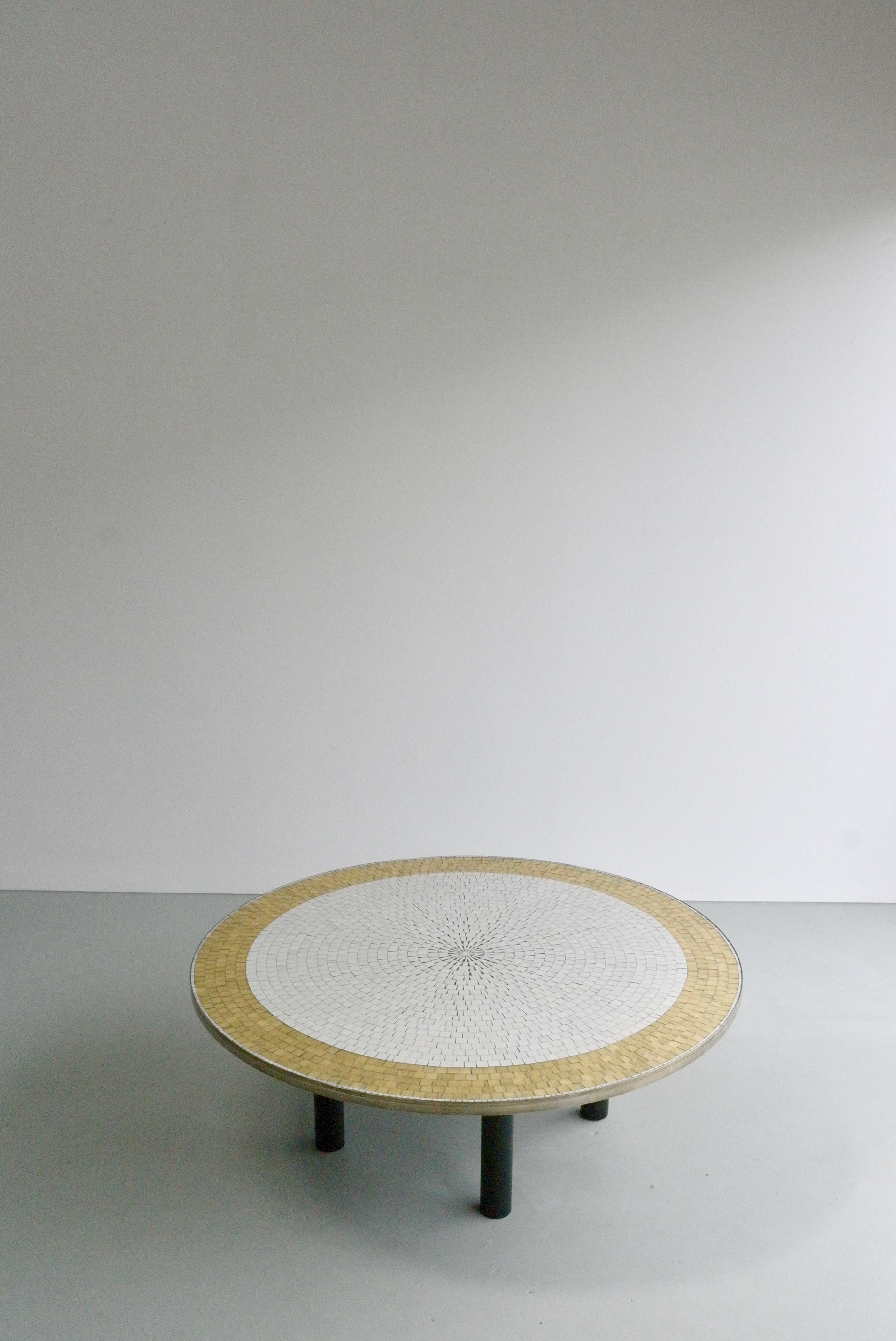 Mid-Century Modern  Berthold Müller Round Mosaic Gold and White Tile Coffee Table, 1960s