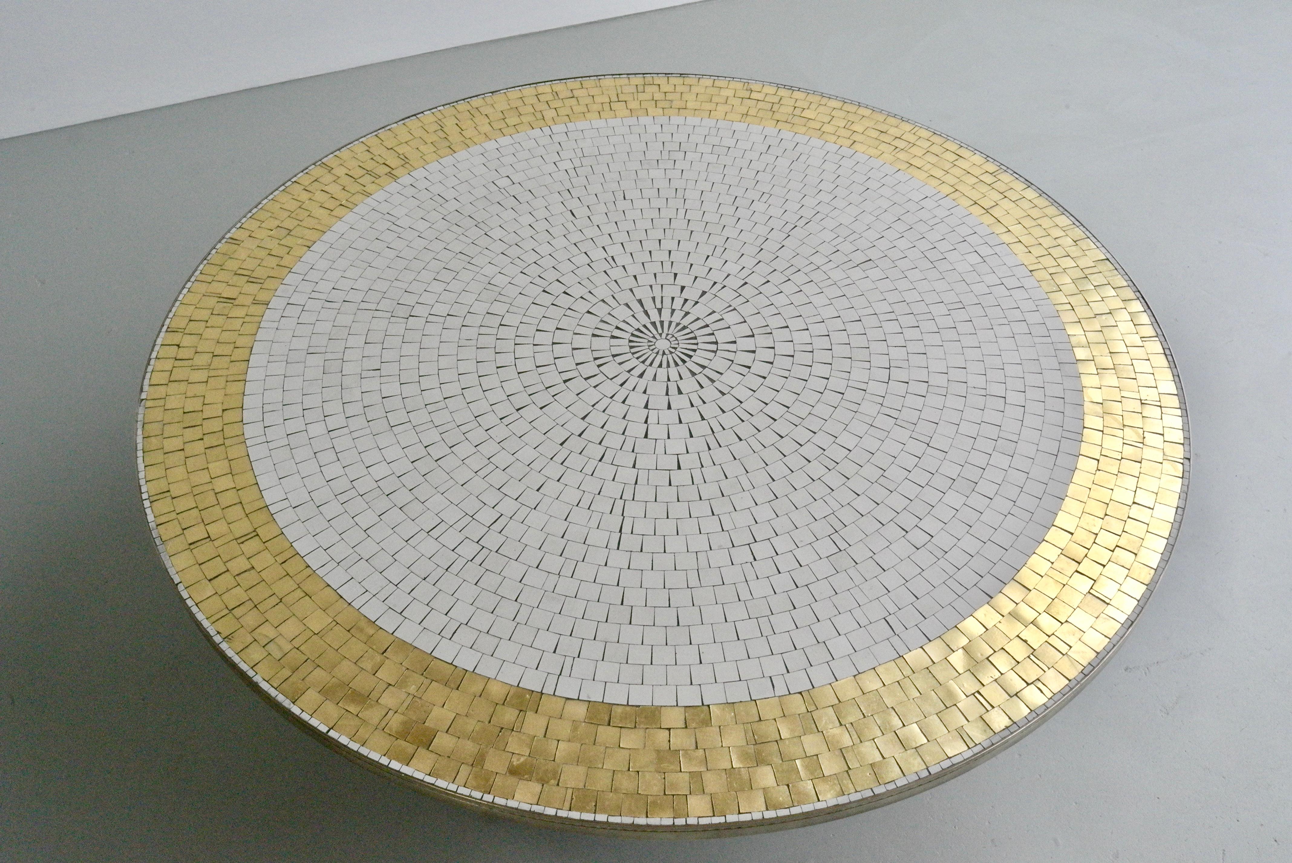 German Berthold Müller Round Mosaic Gold and White Tile Coffee Table, 1960s