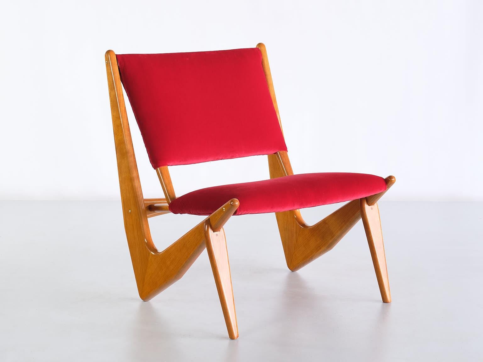 Scandinavian Modern Bertil Behrman Lounge Chair in Oak and Velvet, Engen Möbelfabriker, Sweden, 1956 For Sale