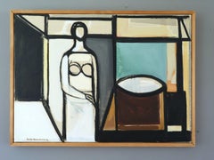 1957 Pintura al óleo de retrato abstracto geométrico moderno -Figura en habitación construida