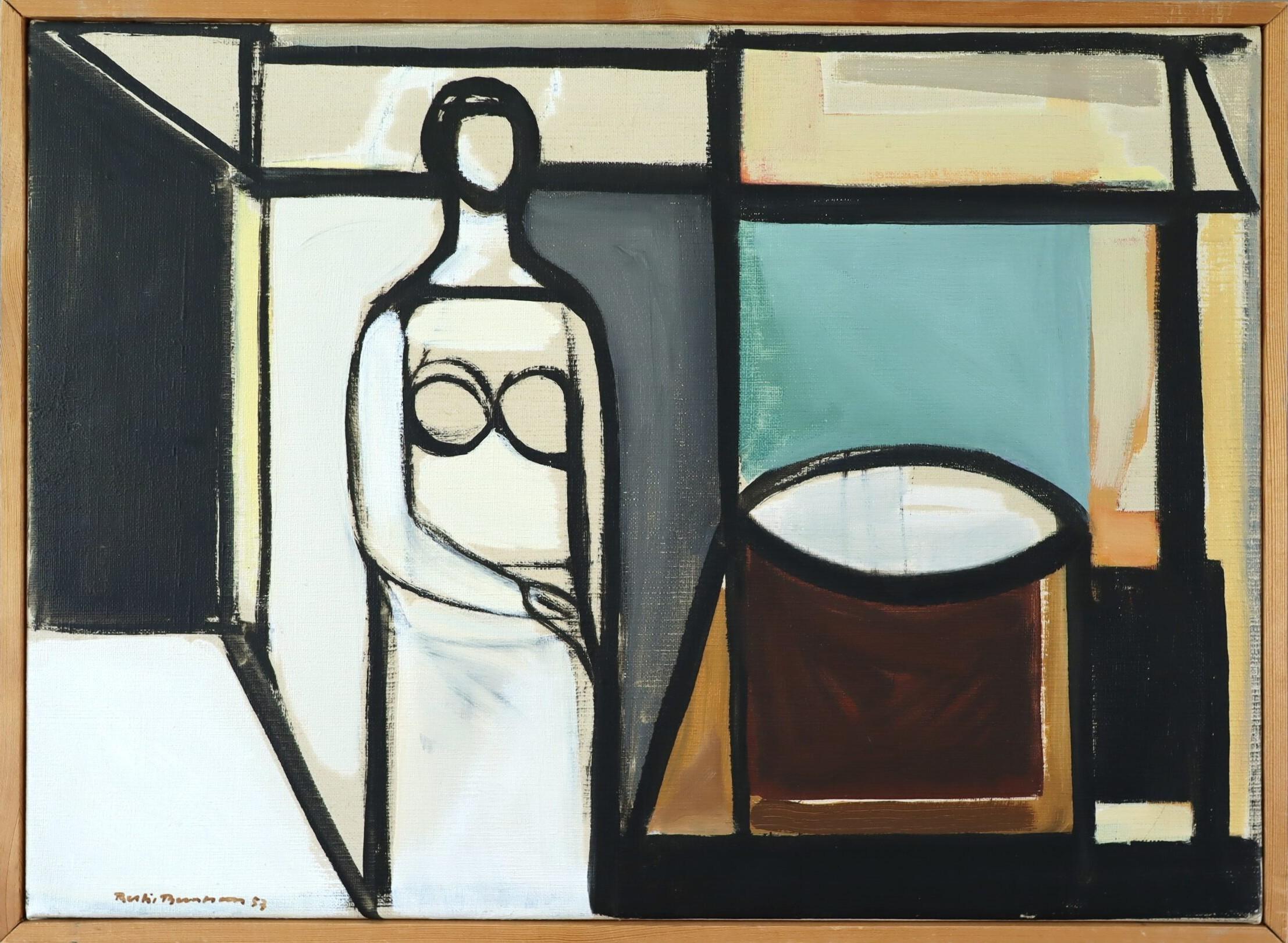 1957 Modern Geometric Abstract Portrait Oil Painting -Figure in Constructed Room