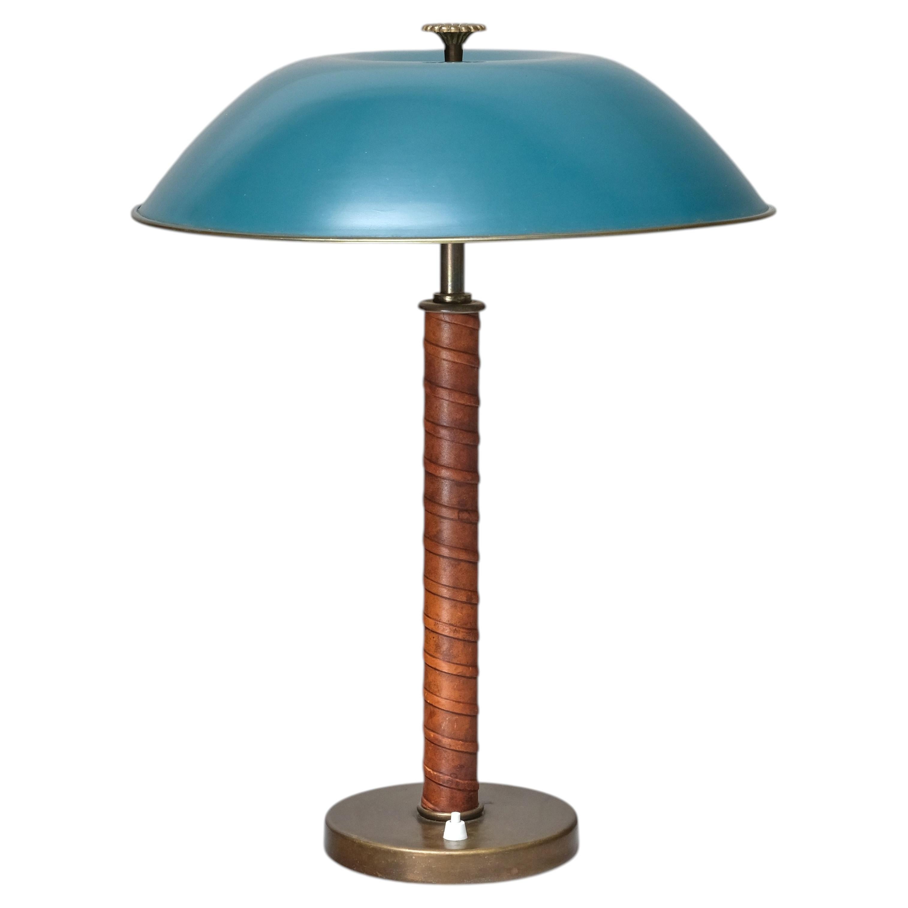 Bertil Brisborg Brass and Leather Table Lamp Nordiska Kompaniet, Sweden, 1940s