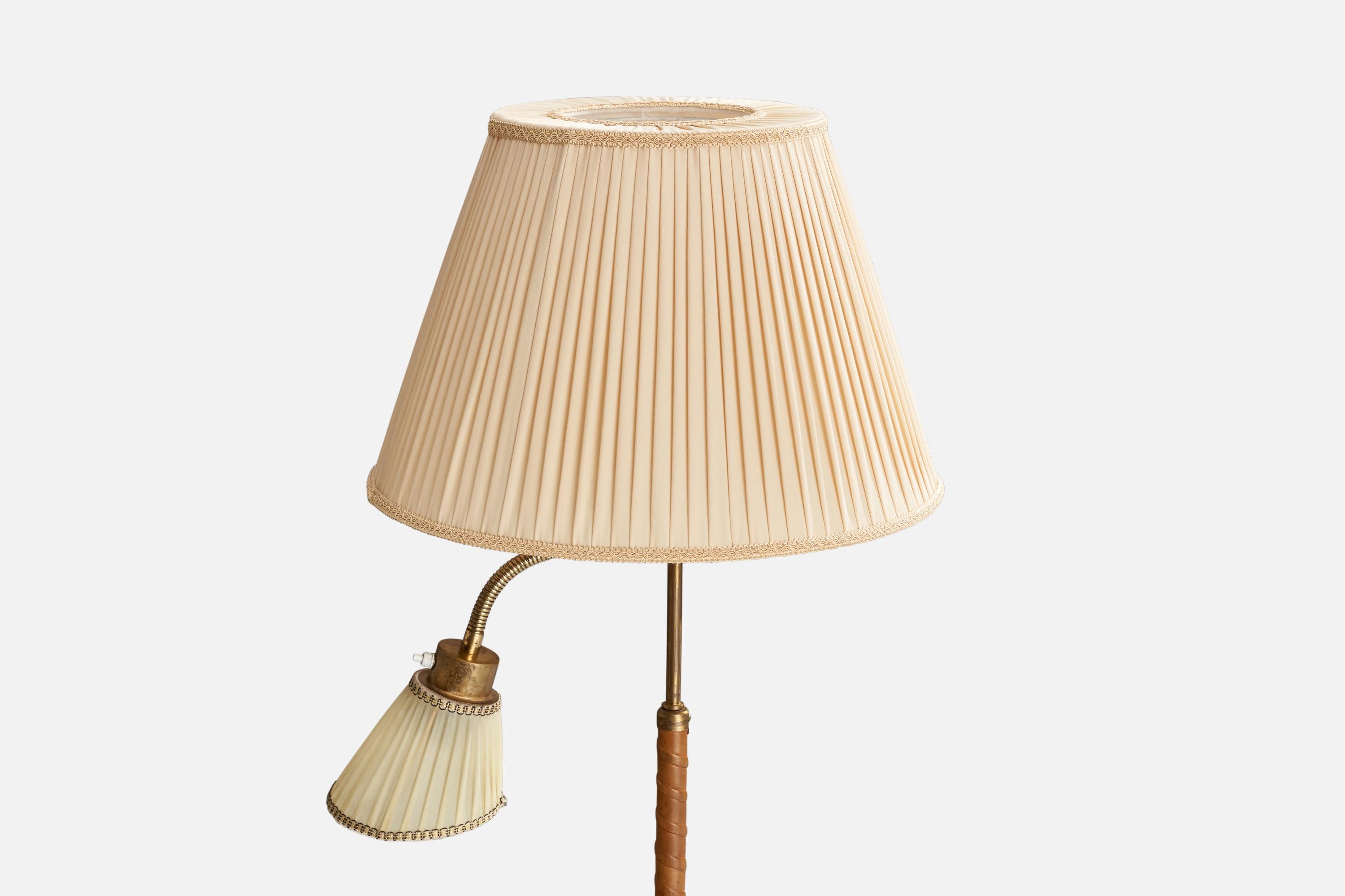 Scandinavian Modern Bertil Brisborg, Floor Lamp, Brass, Leather, Fabric, Sweden, 1950s