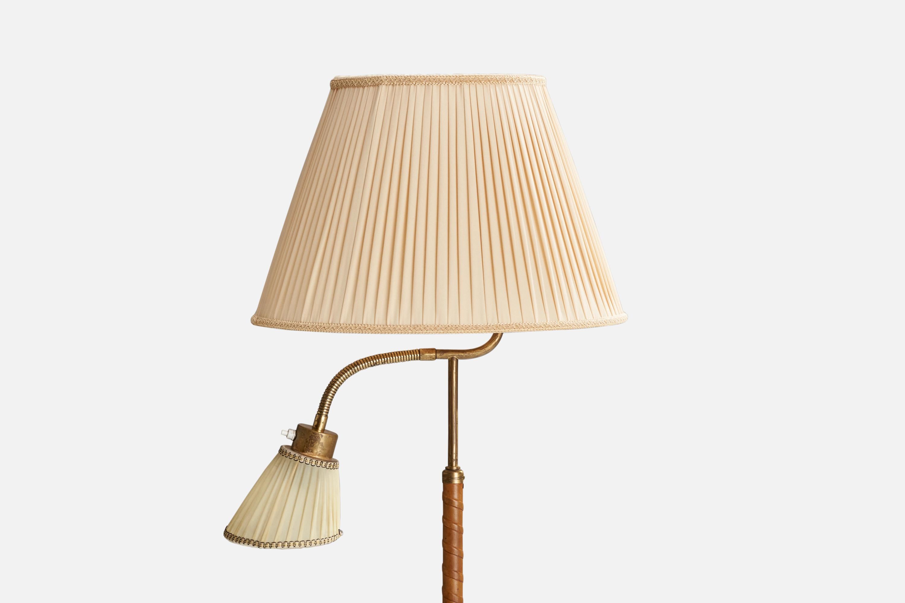 Swedish Bertil Brisborg, Floor Lamp, Brass, Leather, Fabric, Sweden, 1950s
