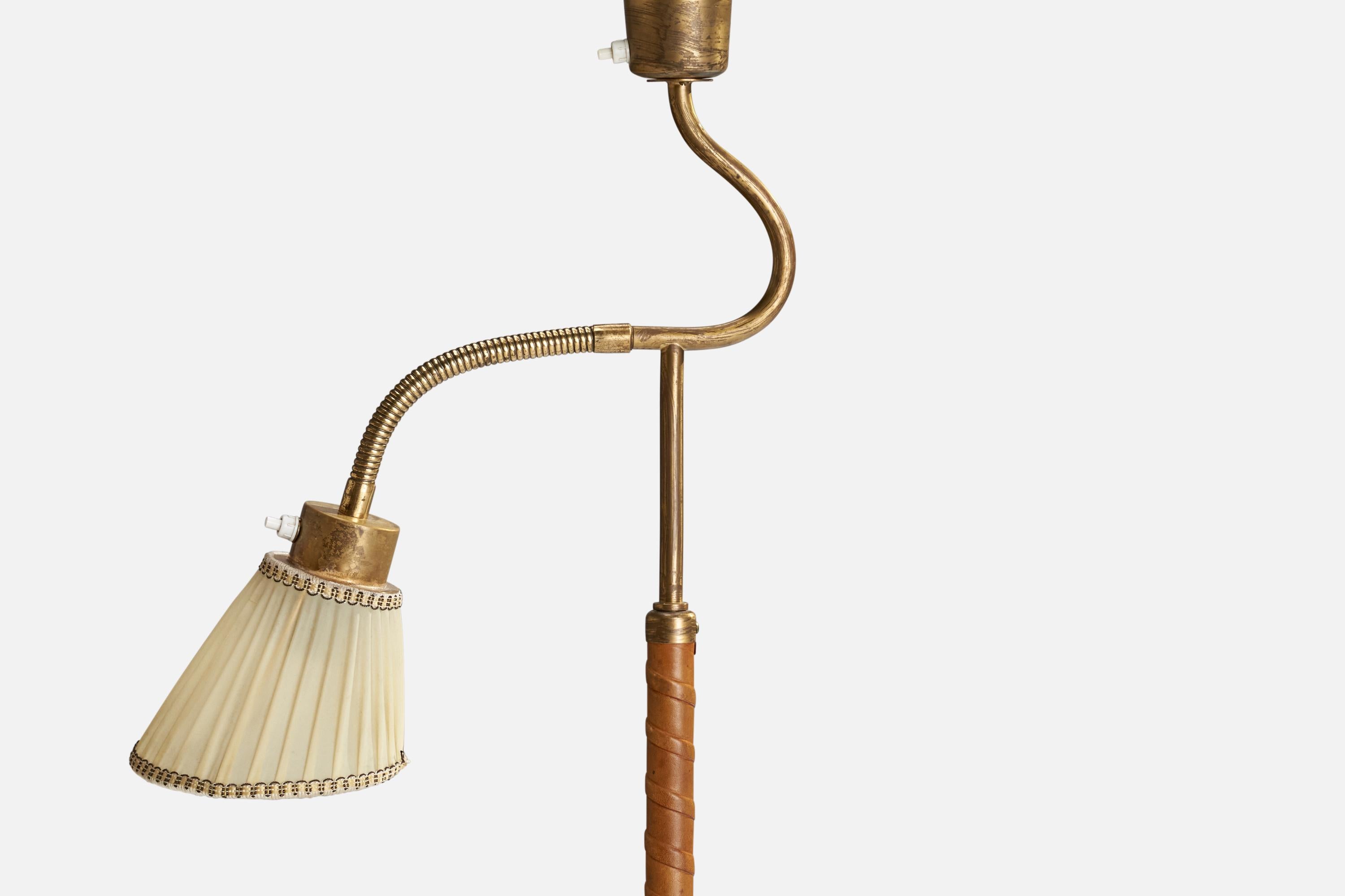 Bertil Brisborg, Floor Lamp, Brass, Leather, Fabric, Sweden, 1950s In Good Condition In High Point, NC