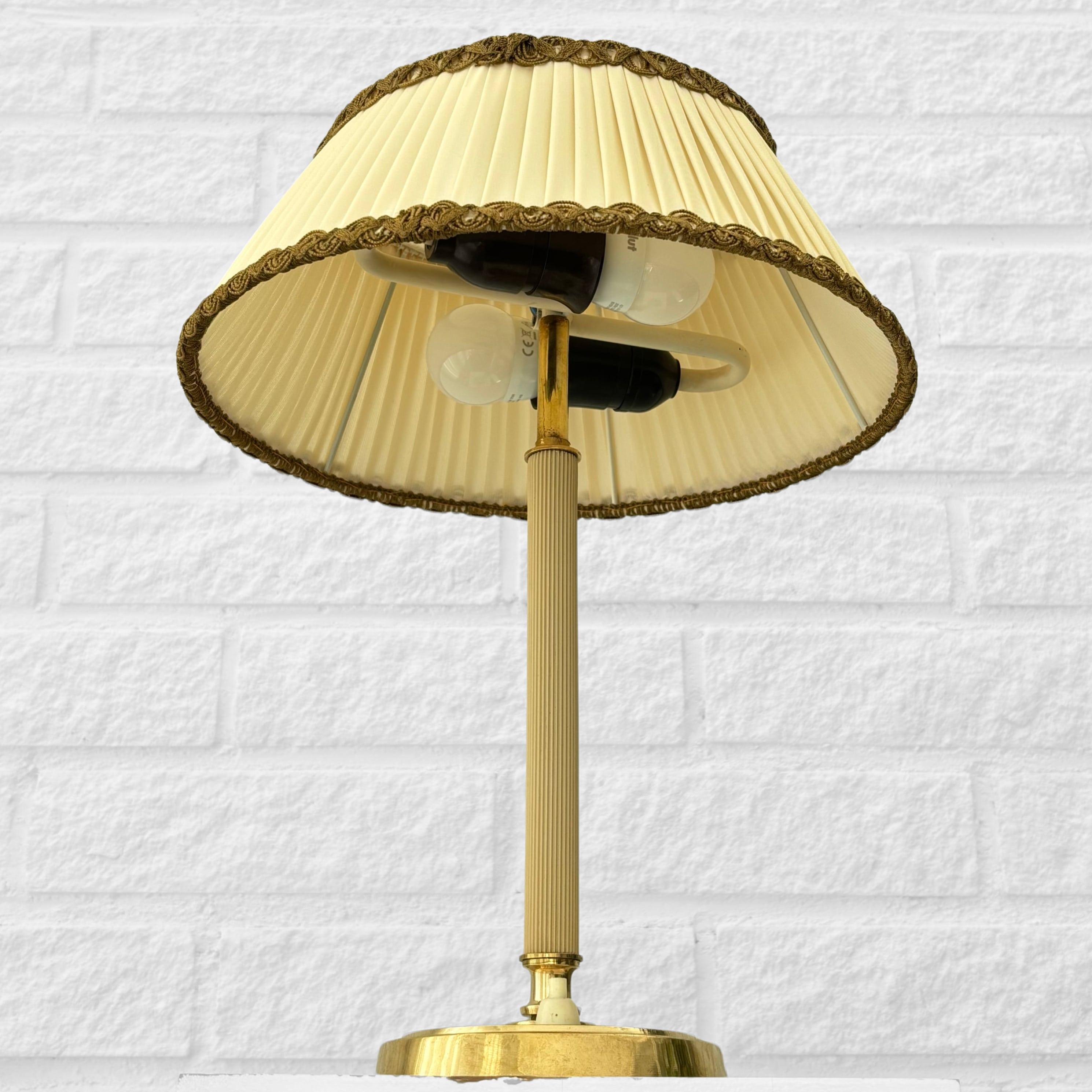 Brass Bertil Brisborg, Nordiska Kompaniet, table lamp, brass & textile, Sweden, 1940s For Sale