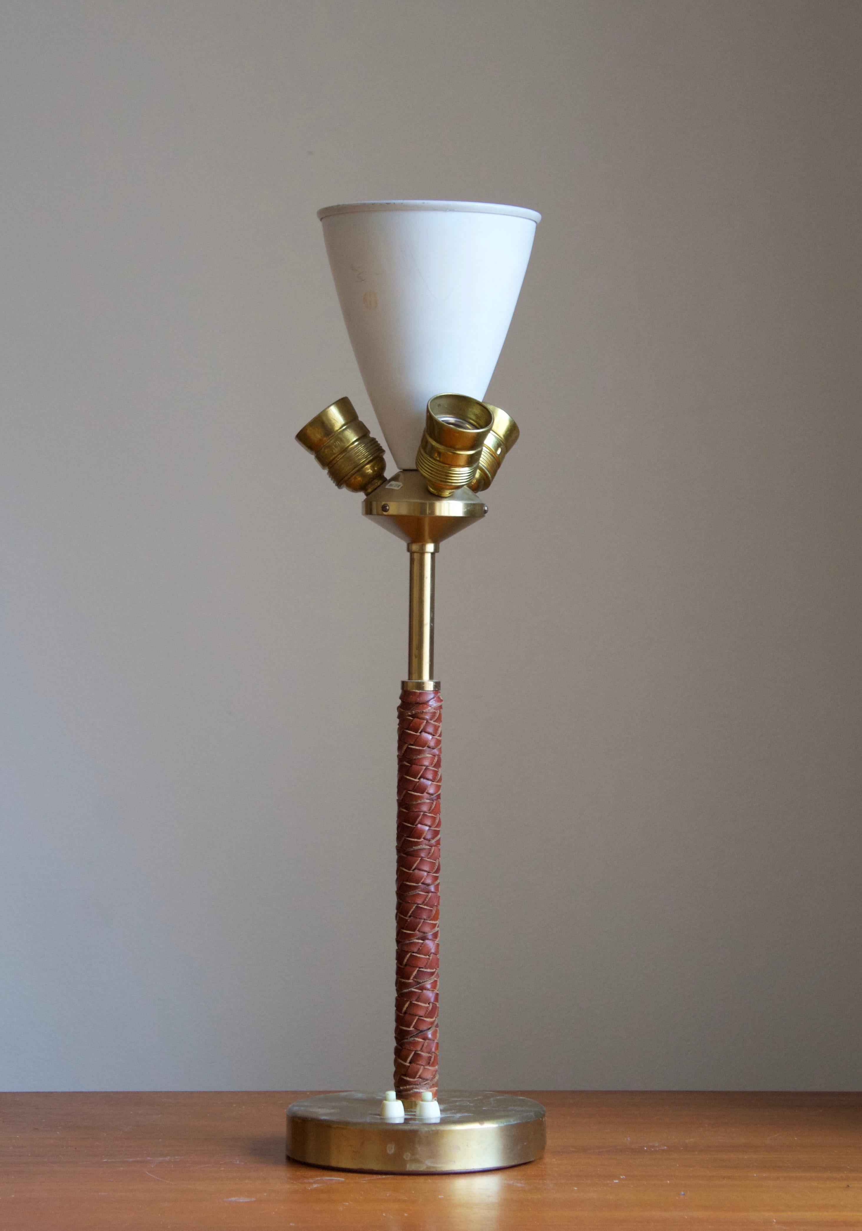 Scandinavian Modern Bertil Brisborg, Table Lamp, Brass, Braided Leather, Rattan, NK, Sweden, 1940s