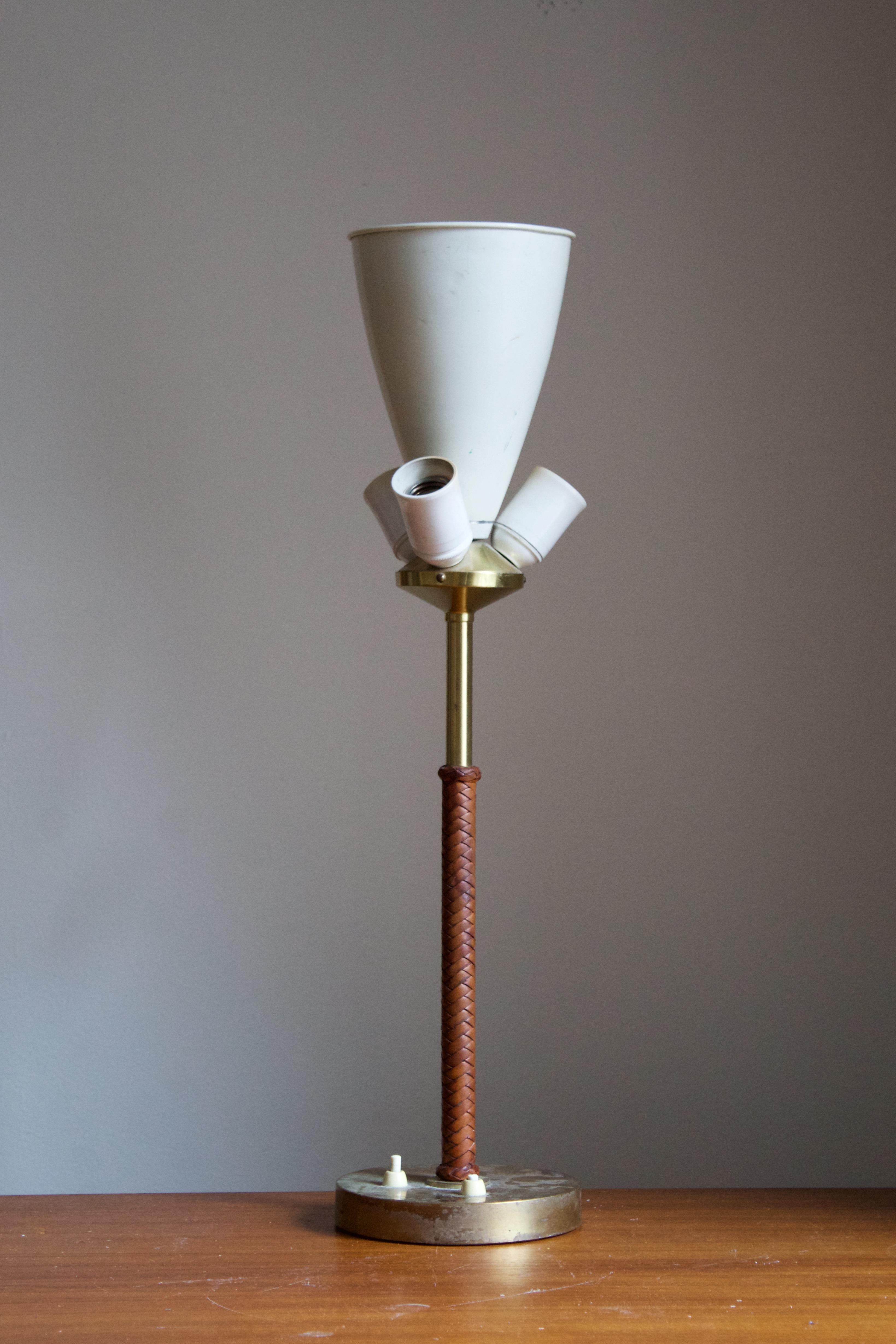 Scandinavian Modern Bertil Brisborg, Table Lamp, Brass, Braided Leather, Rattan, NK, Sweden, 1940s