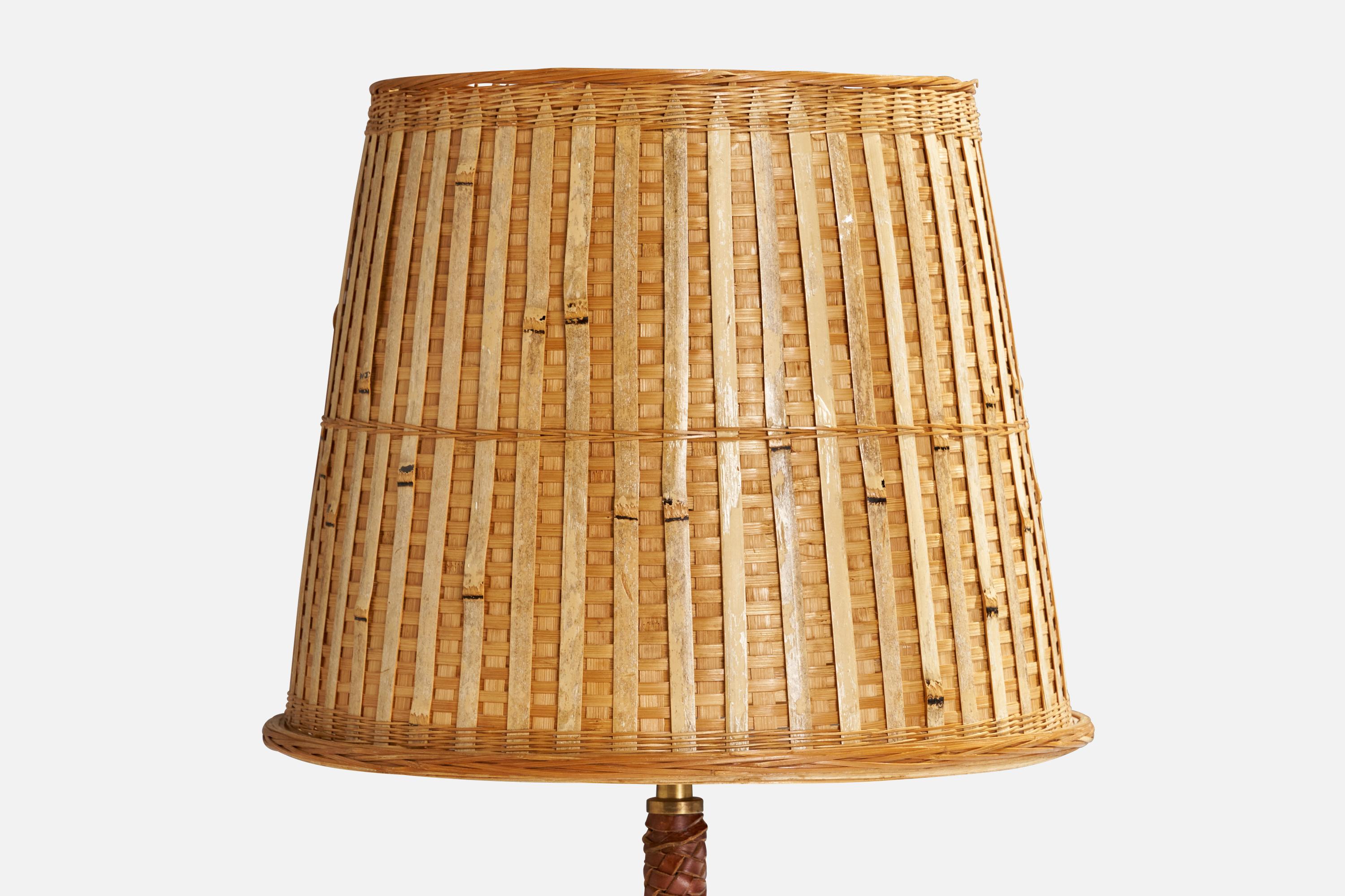 Swedish Bertil Brisborg, Table Lamp, Brass, Leather, Rattan, Sweden, 1940s For Sale