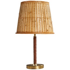 Lampe de bureau Bertil Brisborg, laiton, cuir, rotin, Suède, années 1940