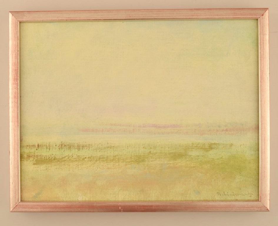 Bertil Lindecrantz (1926-1997), Sweden. Oil on canvas. 
Modernist landscape. 1960s.
The canvas measures: 28 x 21 cm.
The frame measures: 1.5 cm.
In excellent condition.
Signed.