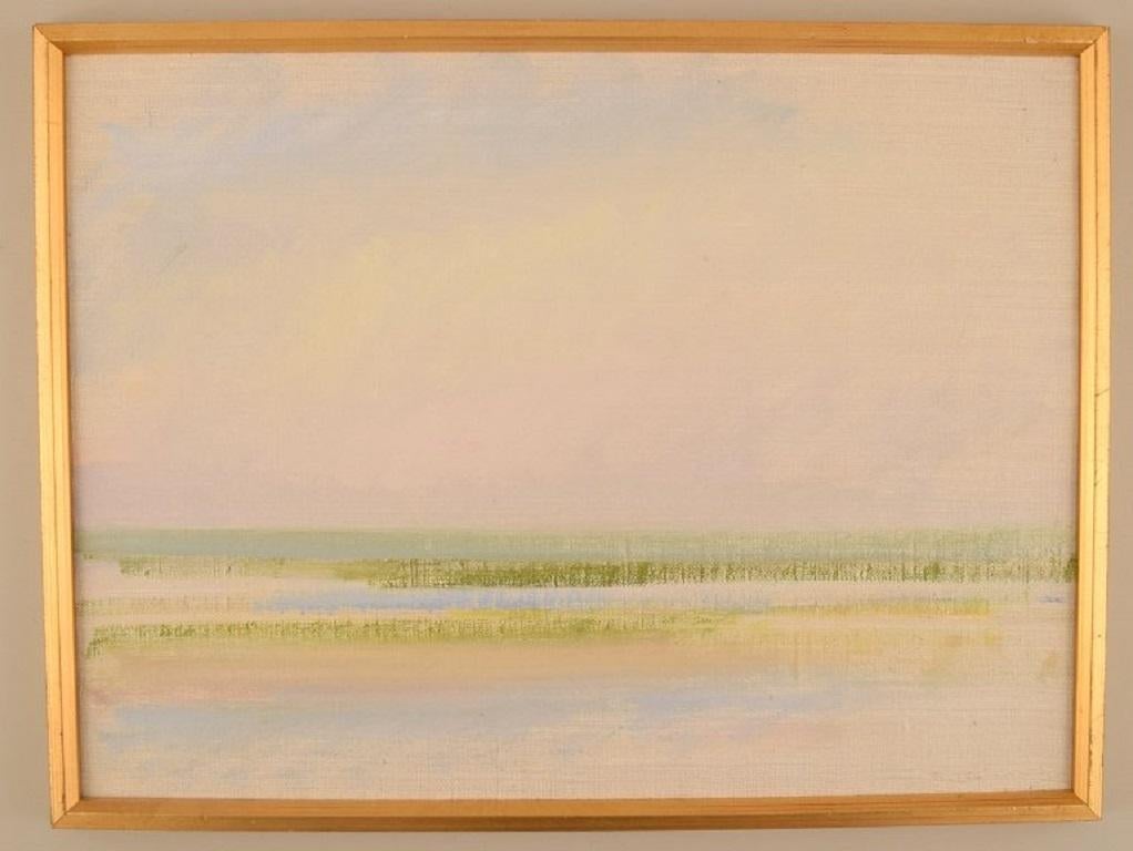 Bertil Lindecrantz (1926-1997), Sweden. Oil on canvas. Modernist landscape. 1960s.
The canvas measures: 41 x 30 cm.
The frame measures: 2 cm.
In excellent condition.
Signed.