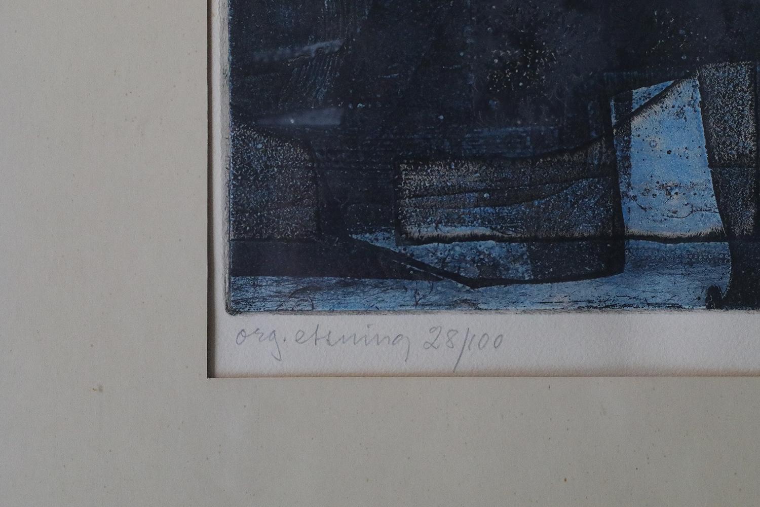 Bertil Lundberg, Komposition, Etching, 1962, Framed In Good Condition For Sale In Warszawa, Mazowieckie