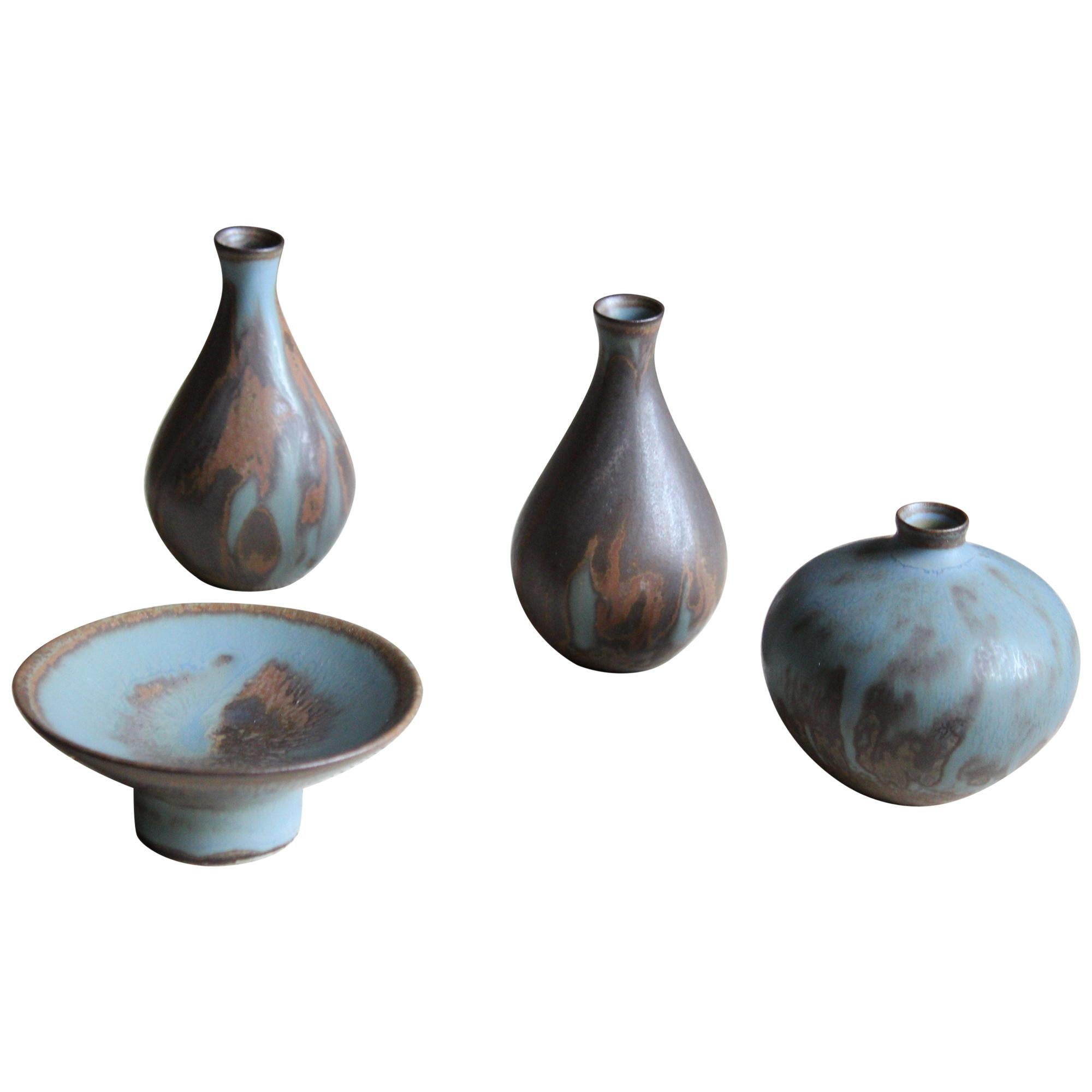 Bertil Lundgren, Vases and Bowl, Blue / Brown Glazed Stoneware Rörstand, 1950s