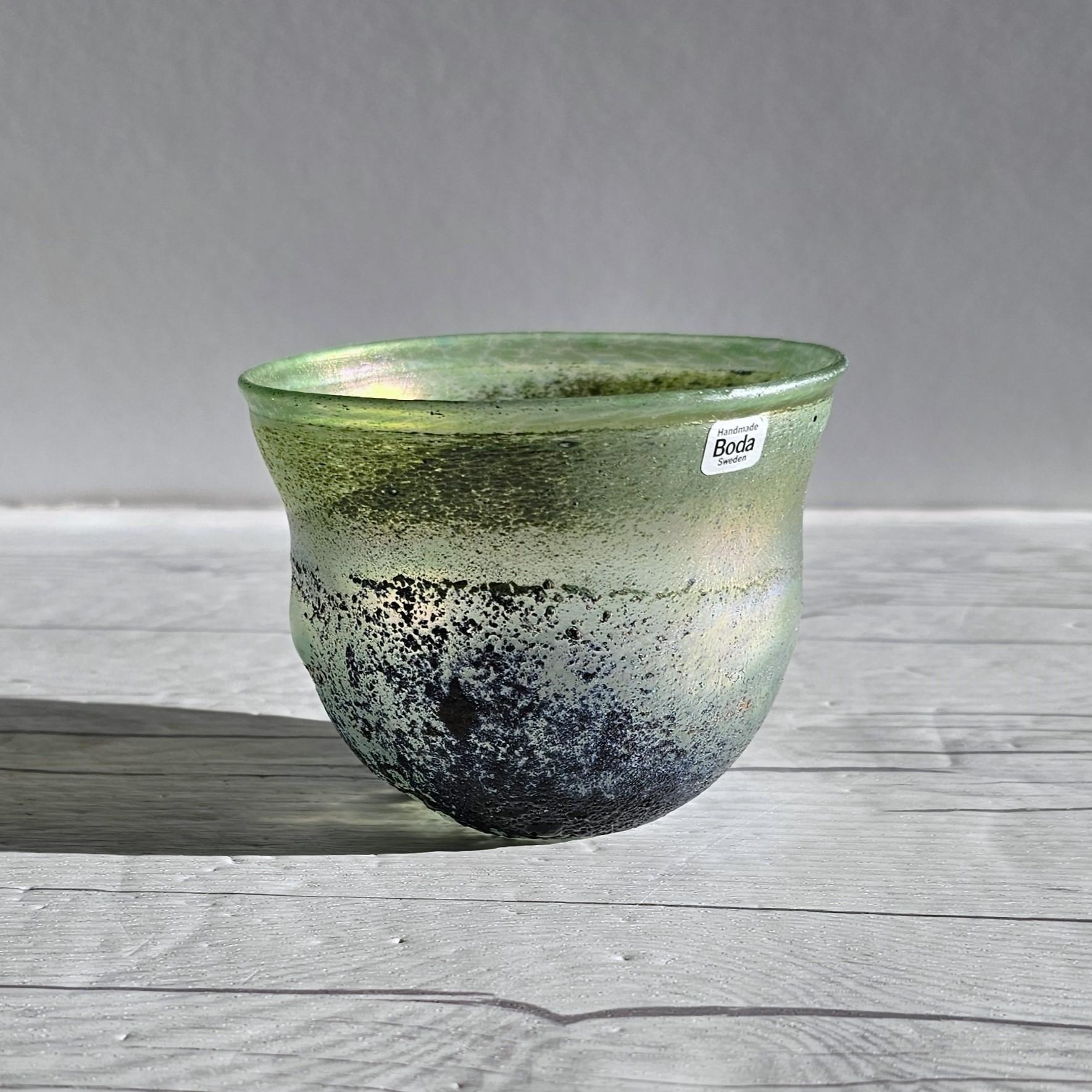 Scandinavian Modern Bertil Vallien for Boda Glassworks, Iridescent Sandblast Art Glass Bowl, Unique For Sale