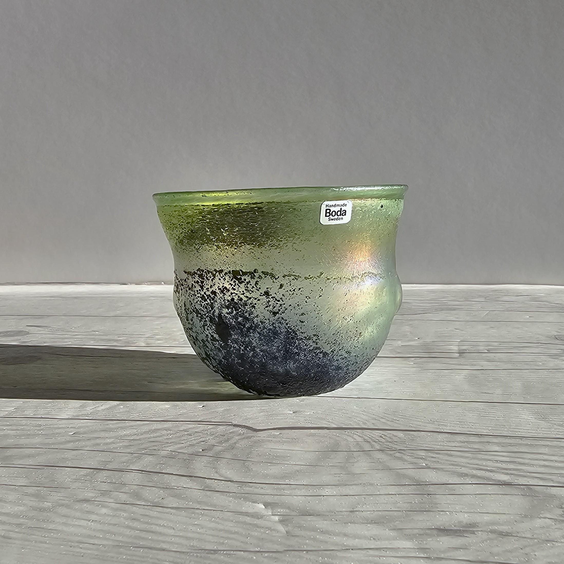 Sandblasted Bertil Vallien for Boda Glassworks, Iridescent Sandblast Art Glass Bowl, Unique For Sale
