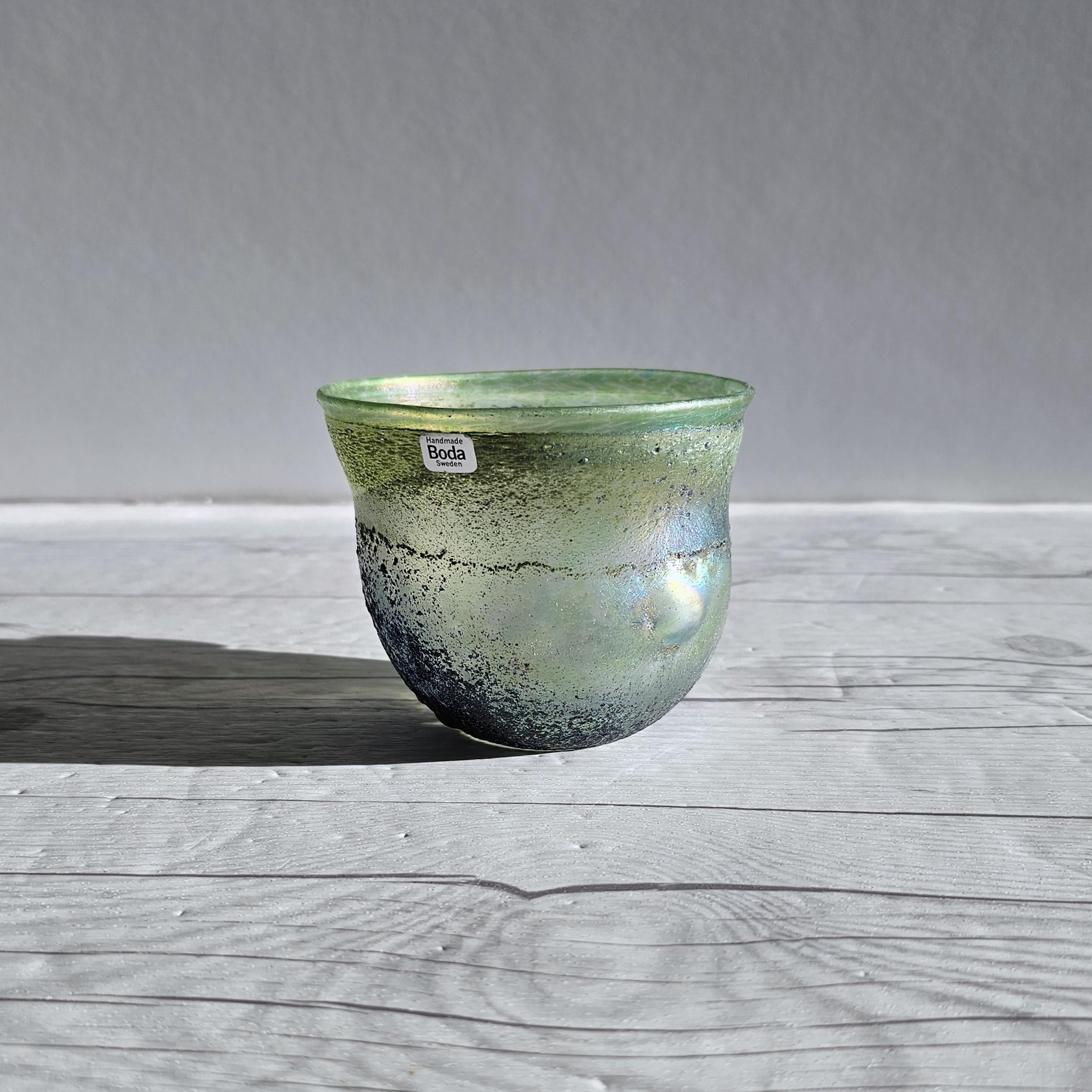 20th Century Bertil Vallien for Boda Glassworks, Iridescent Sandblast Art Glass Bowl, Unique For Sale
