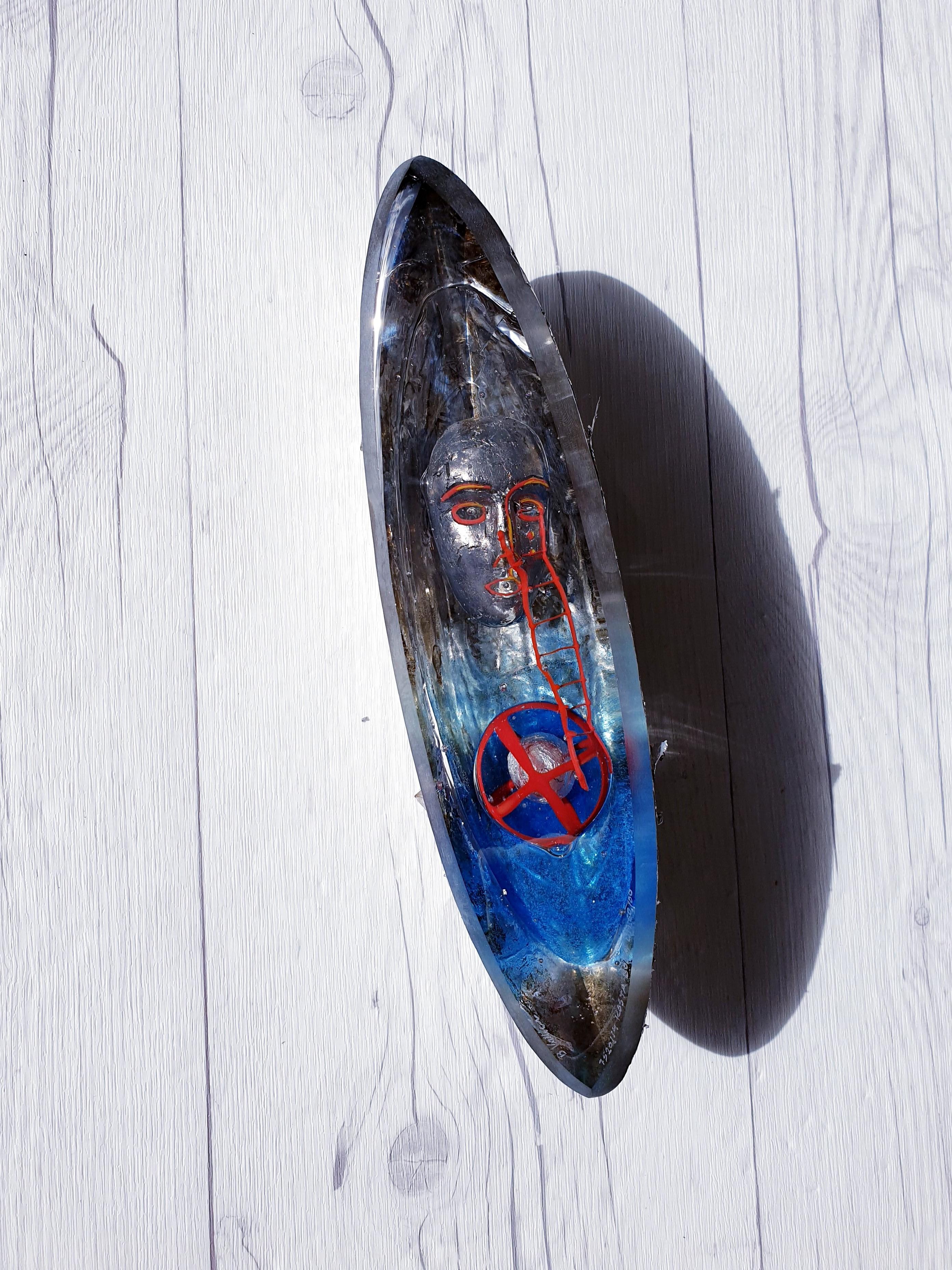 Scandinavian Modern Bertil Vallien for Kosta Boda, Att. Silver Boat Series, Art Glass Sculpture For Sale