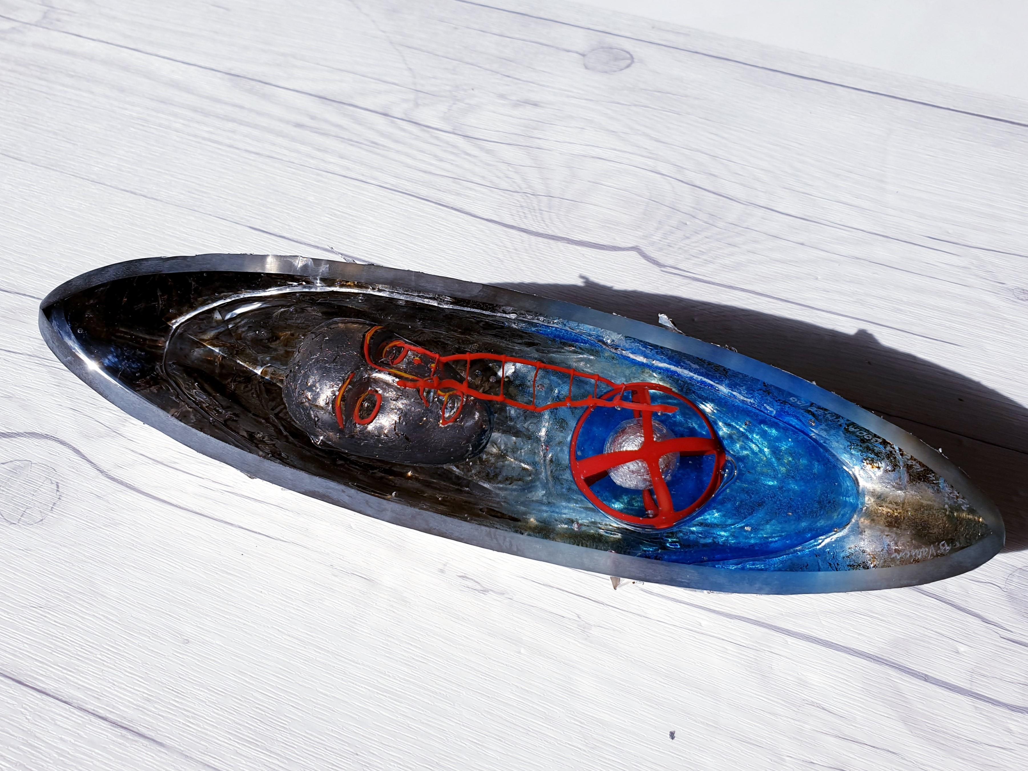 Contemporary Bertil Vallien for Kosta Boda, Att. Silver Boat Series, Art Glass Sculpture For Sale