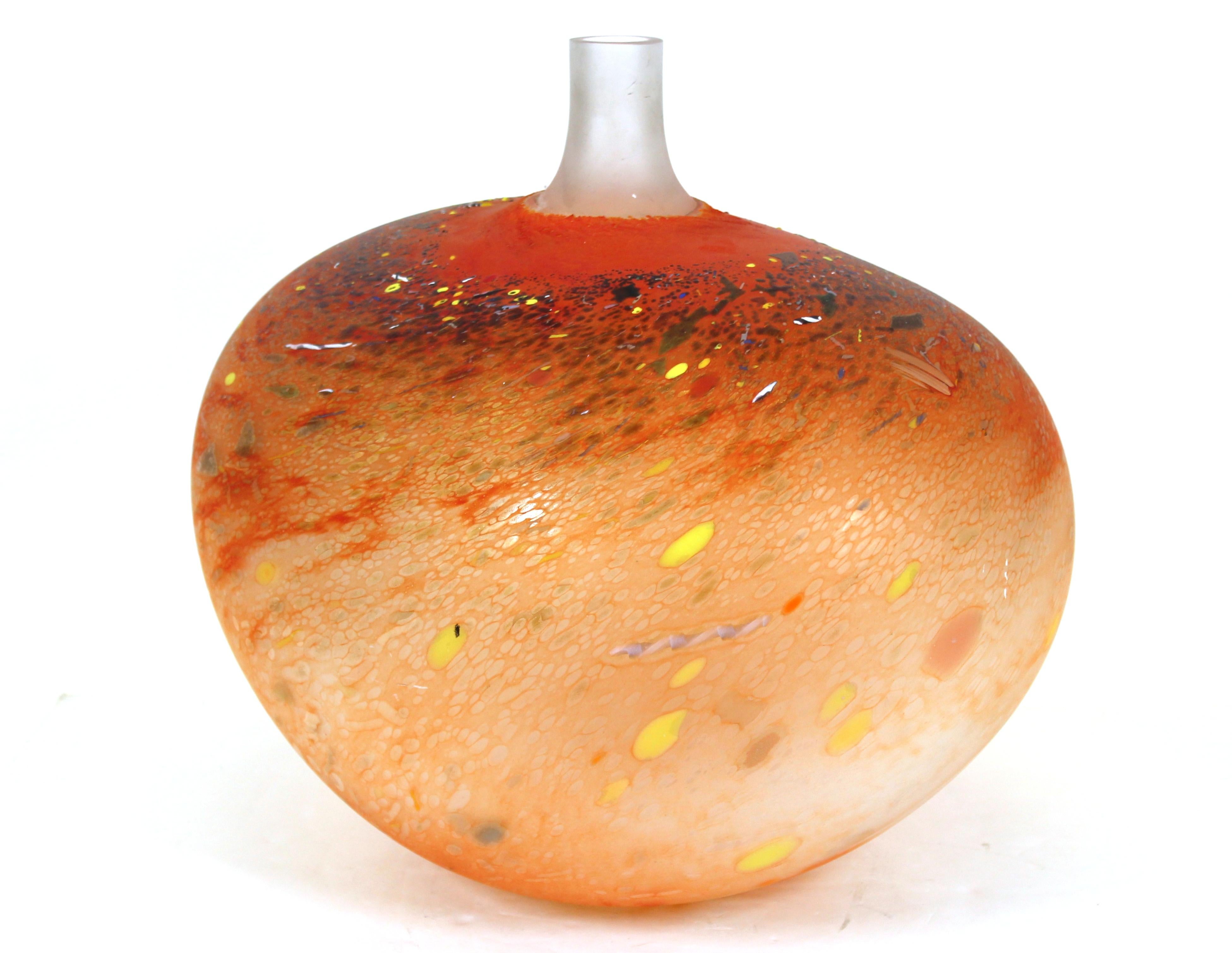 Bertil Vallien for Kosta Boda large modern studio art glass vase in orange with multicolored glass flecks near the neck. 17