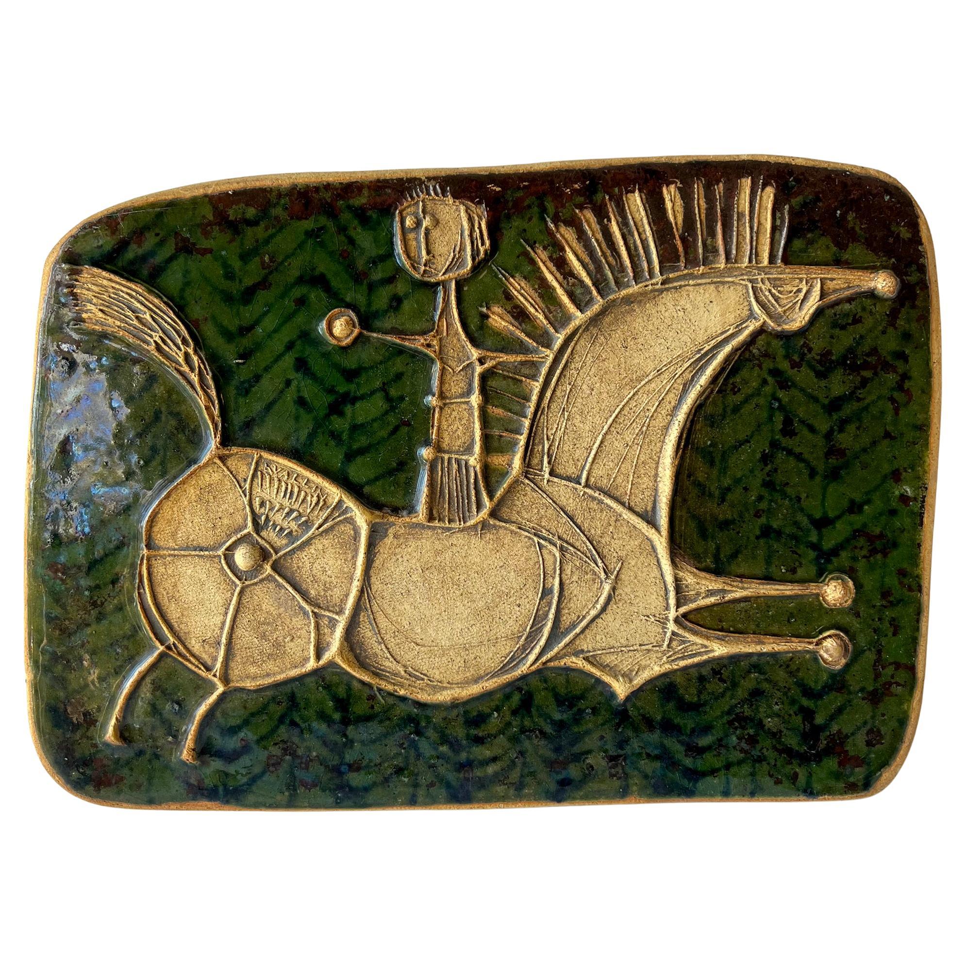 Bertil Vallin Escultura de cerámica modernista sueca Hombre a caballo en azulejo de pared 
