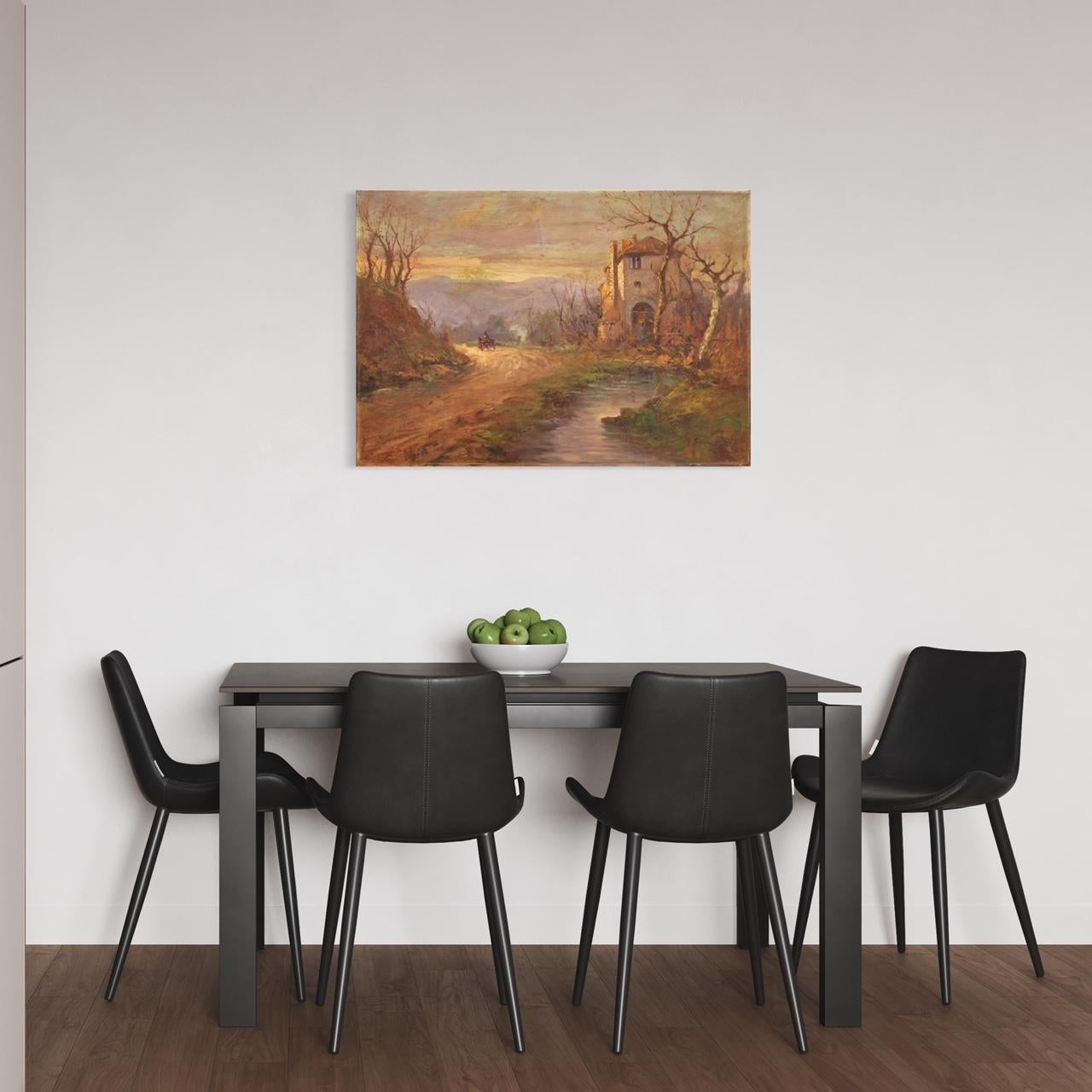 Italienische Malerei aus der ersten Hälfte des 20. Jahrhunderts. Kunstwerk Öl auf Platte, das eine ländliche Landschaft mit einem Wagen im postimpressionistischen Stil von guter malerischer Qualität darstellt. Gemälde von guter Größe und angenehmen