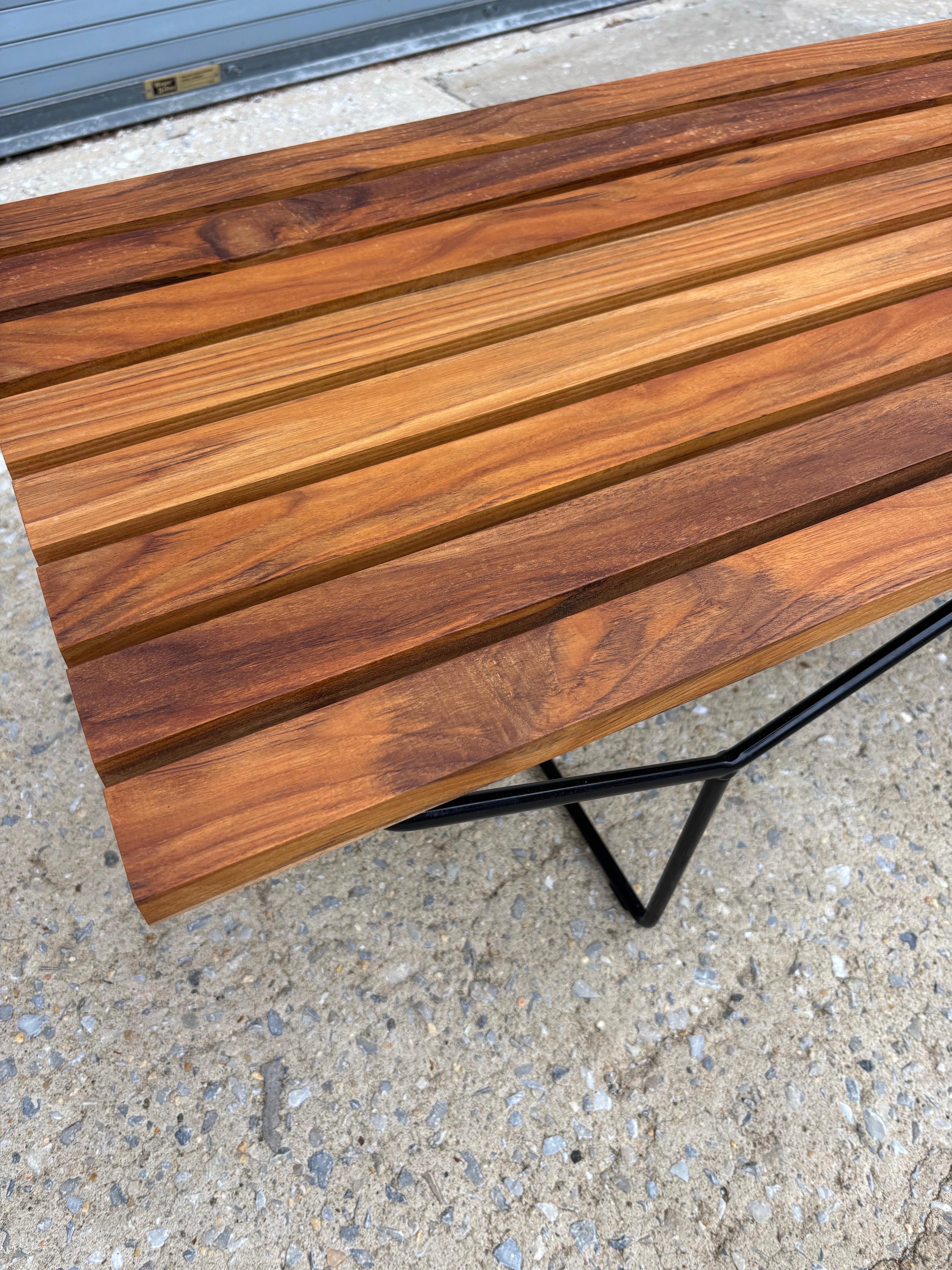 Mid-Century Modern Bertoia Teak and Black Metal Bench For Sale
