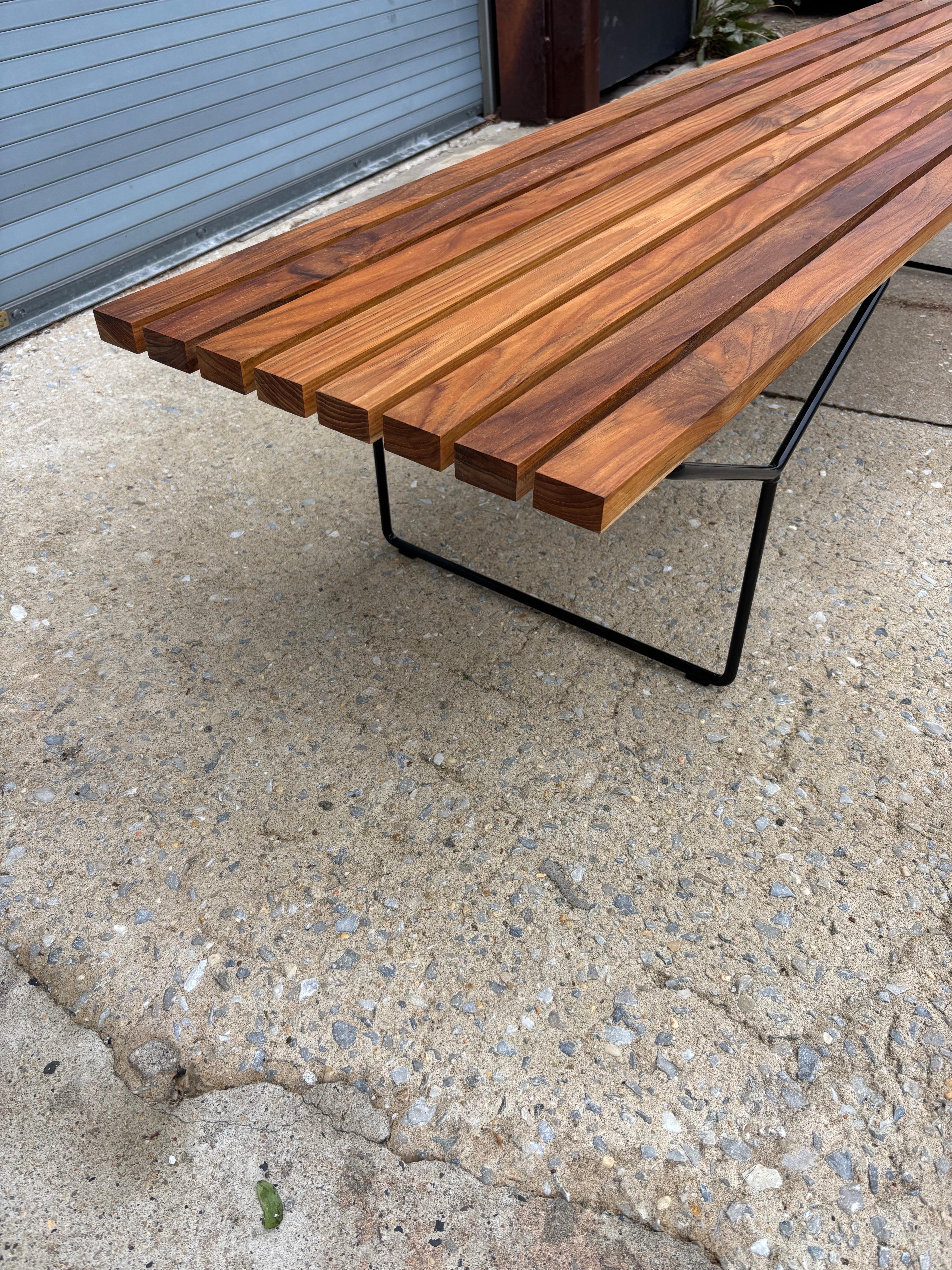 American Bertoia Teak and Black Metal Bench For Sale