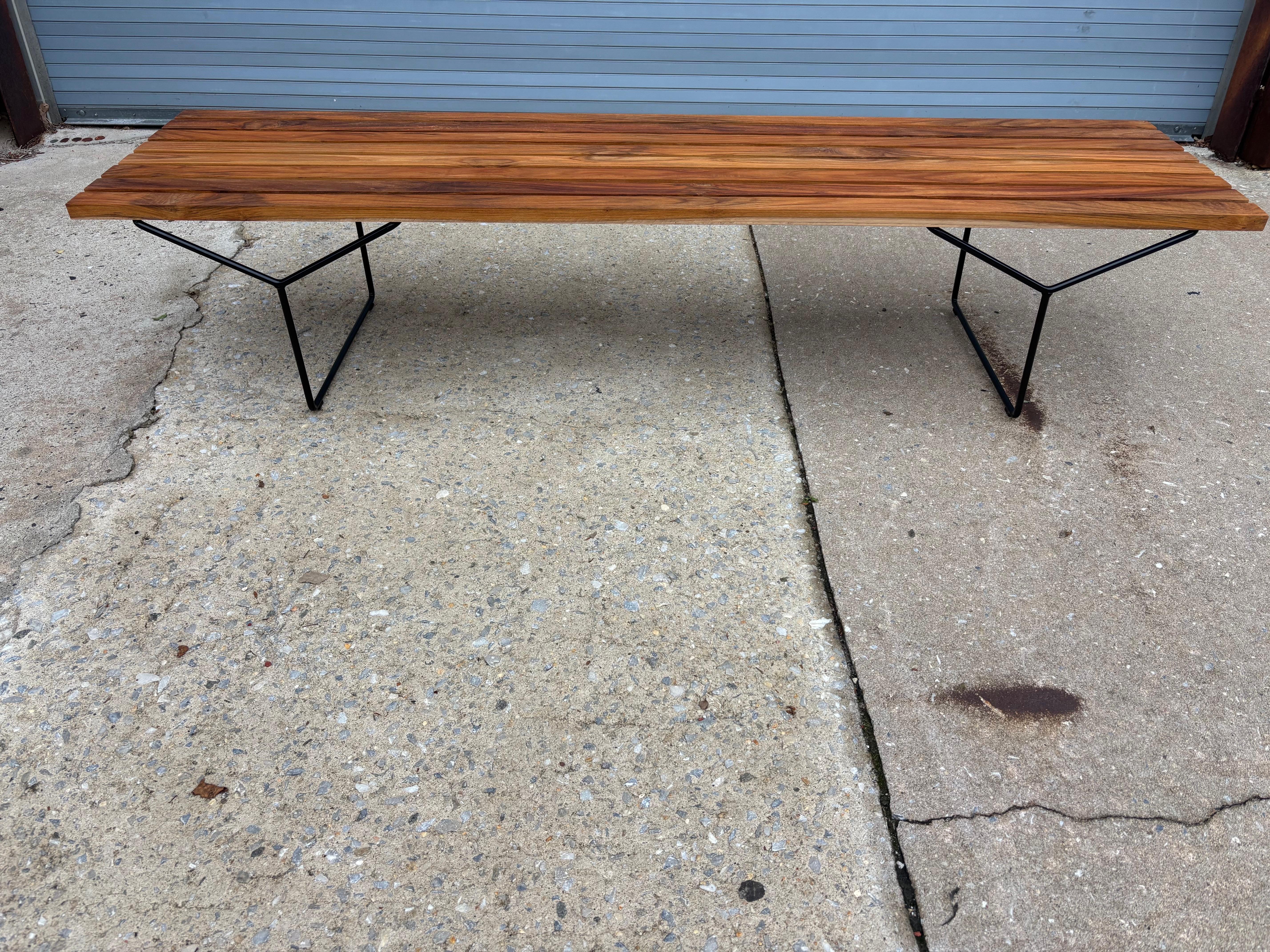 Iron Bertoia Teak and Black Metal Bench For Sale