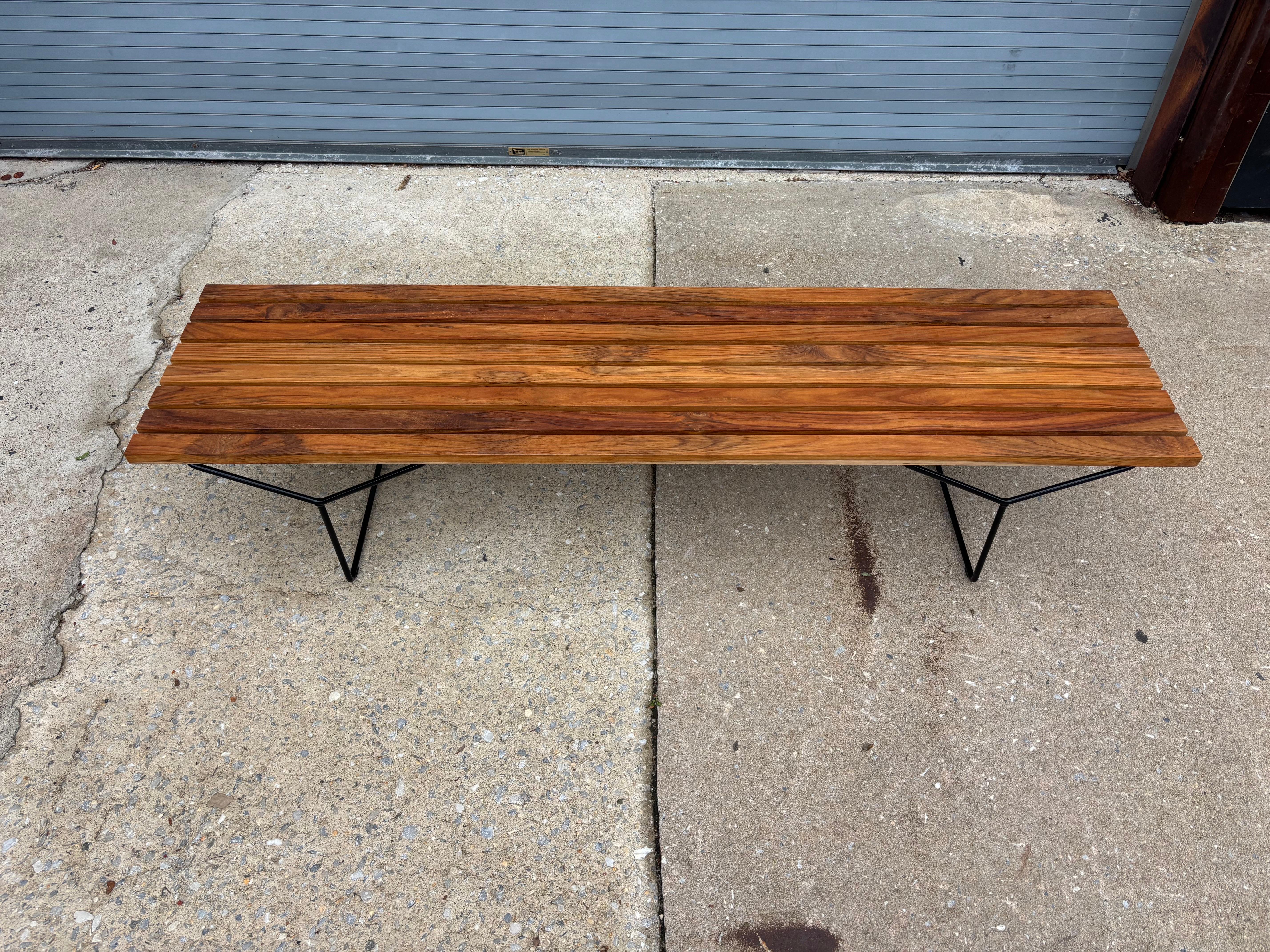 Bertoia Teak and Black Metal Bench For Sale 1