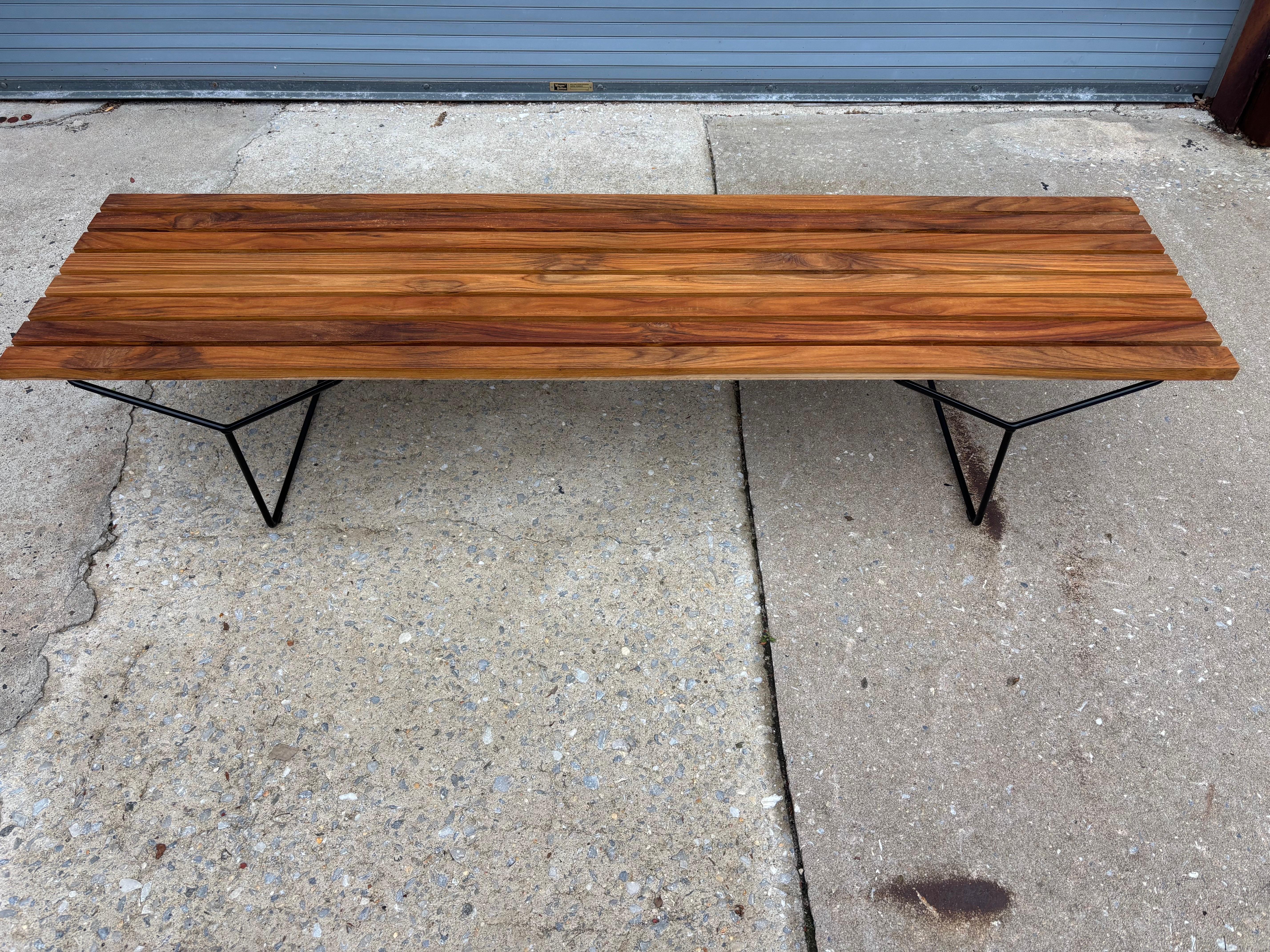 Bertoia Teak and Black Metal Bench For Sale 2