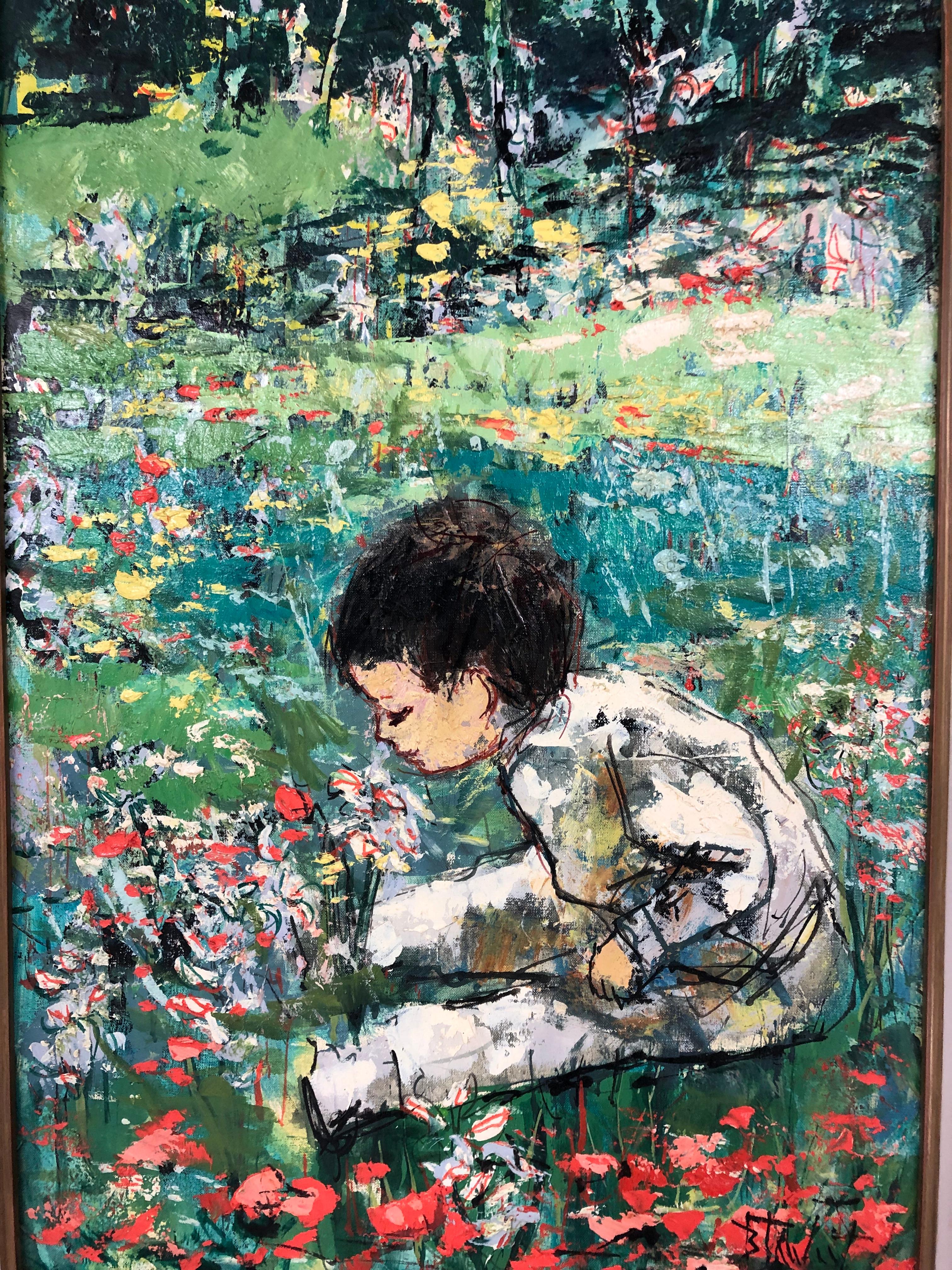 Boy In The Landscape Smelling Flowers - Painting by Bertoldo Taubert