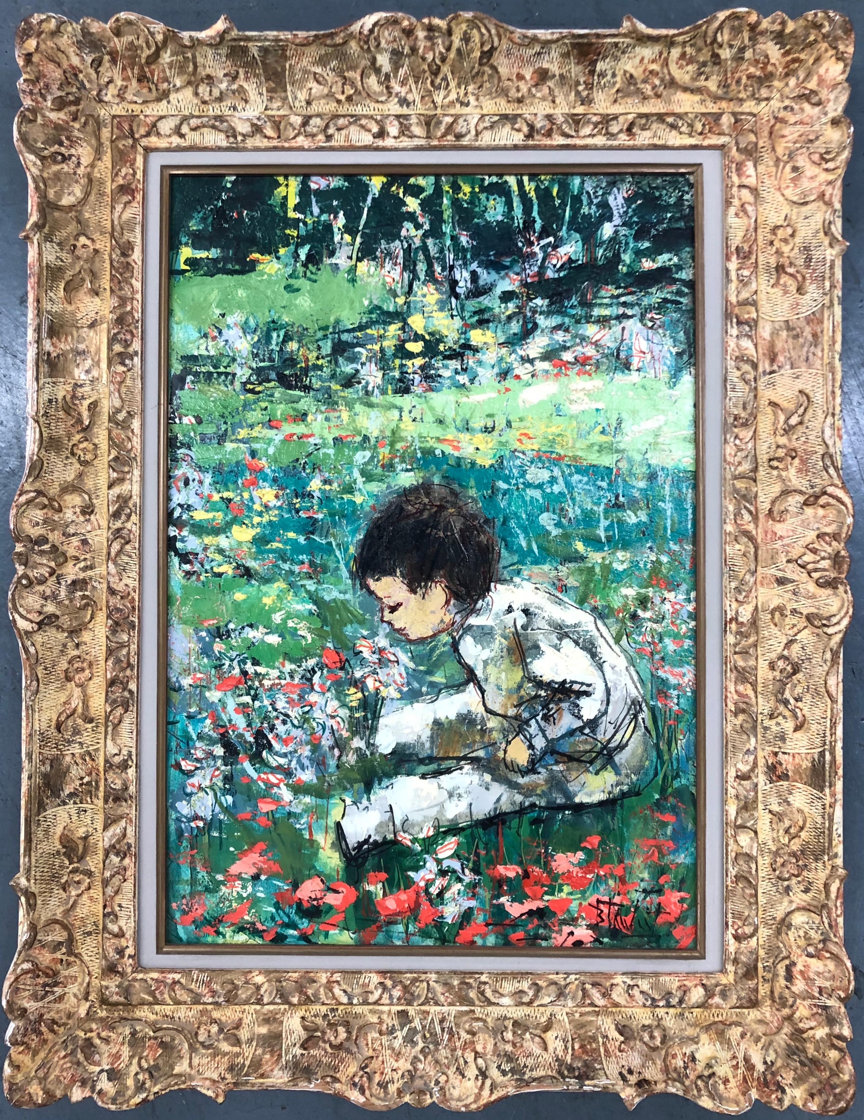 Bertoldo Taubert Landscape Painting - Boy In The Landscape Smelling Flowers