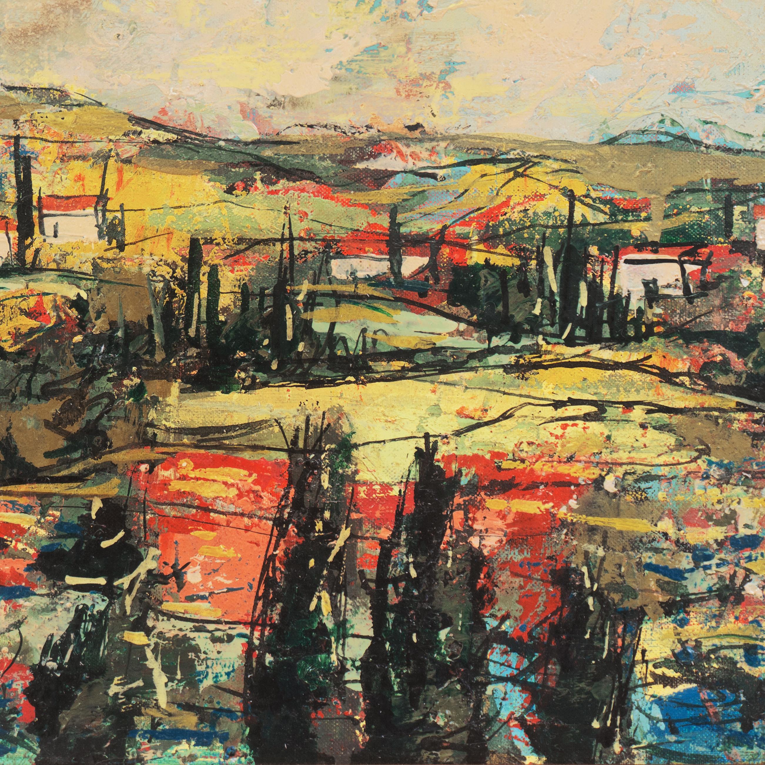 Signed lower right, 'B. Taubut' for Bertoldo Taubert (French, 1915-1974); additionally signed, verso, 1968 and titled 'Paysage'.
Framed dimensions: 18 x 21.5 x 2 inches.

Bertoldo Taubert (1915-1974) was born in Leopoli, Italy. He was the son of a