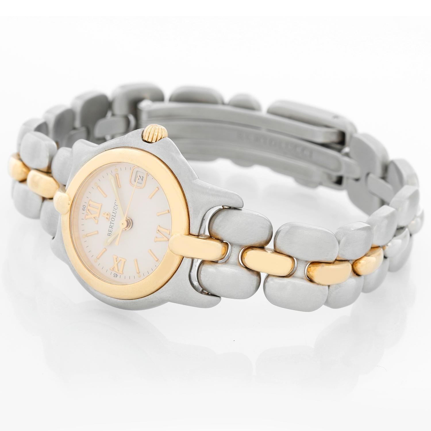 Bertolucci Ladies Two-Tone Quartz Watch  - Quartz . Stainless steel and yellow gold (25 mm) . White dial with raised gold markers . Gold and steel link bracelet; will fit a 7 inch wrist . Pre-owned with custom box .