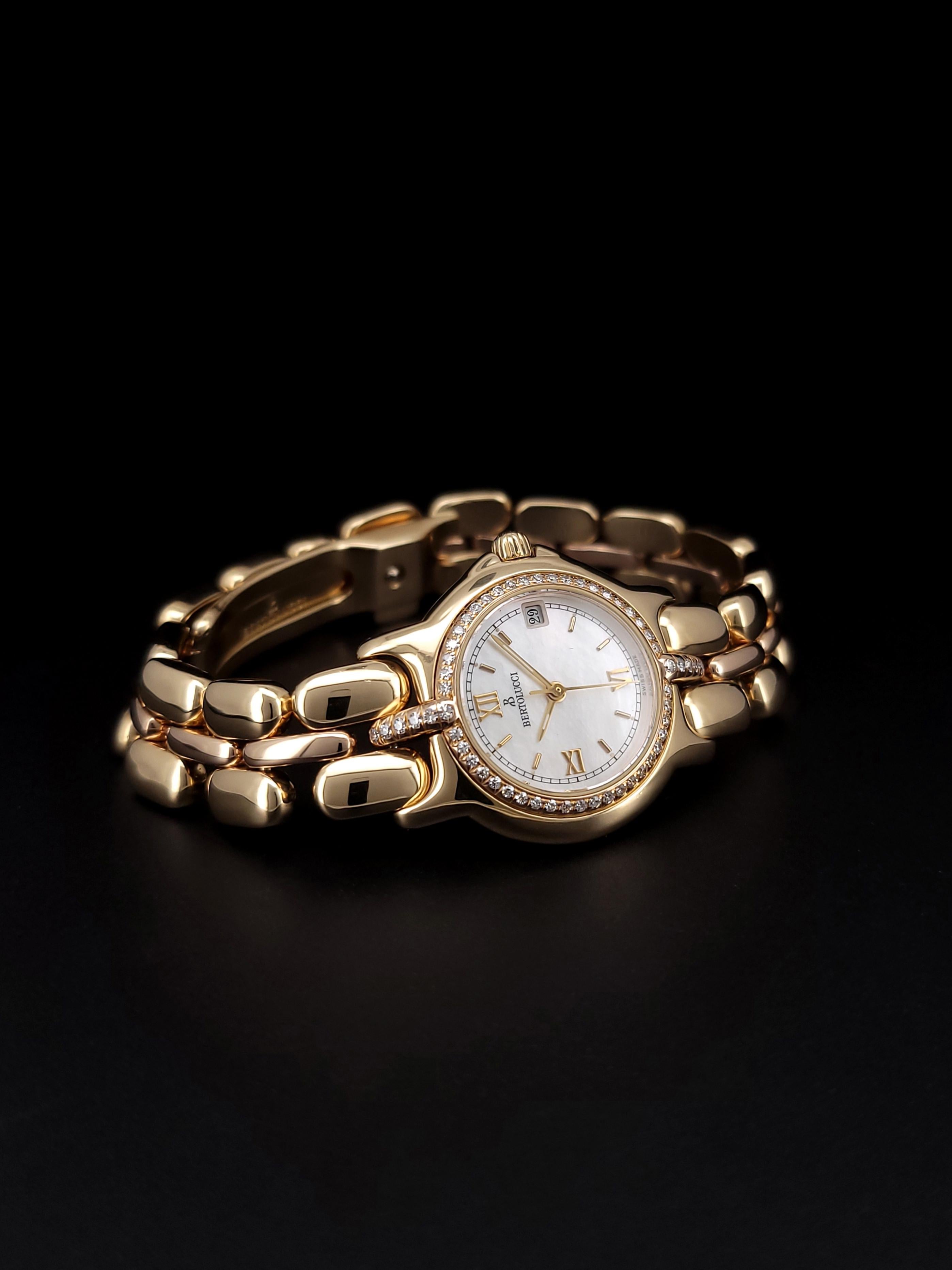 BERTOLUCCI PULCHRA GOLD WATCH WITH DIAMONDS
*Like-new, pristine condition.

Brand: Bertolucci
Model: Pulchra
Material: 18k Yellow Gold
Movement: Swiss Quartz
Case Size: 25mm
Lug Width: 12mm
Crown: Screw-down
Clasp: Fold-Over
Diamonds: VVS E
Diamond