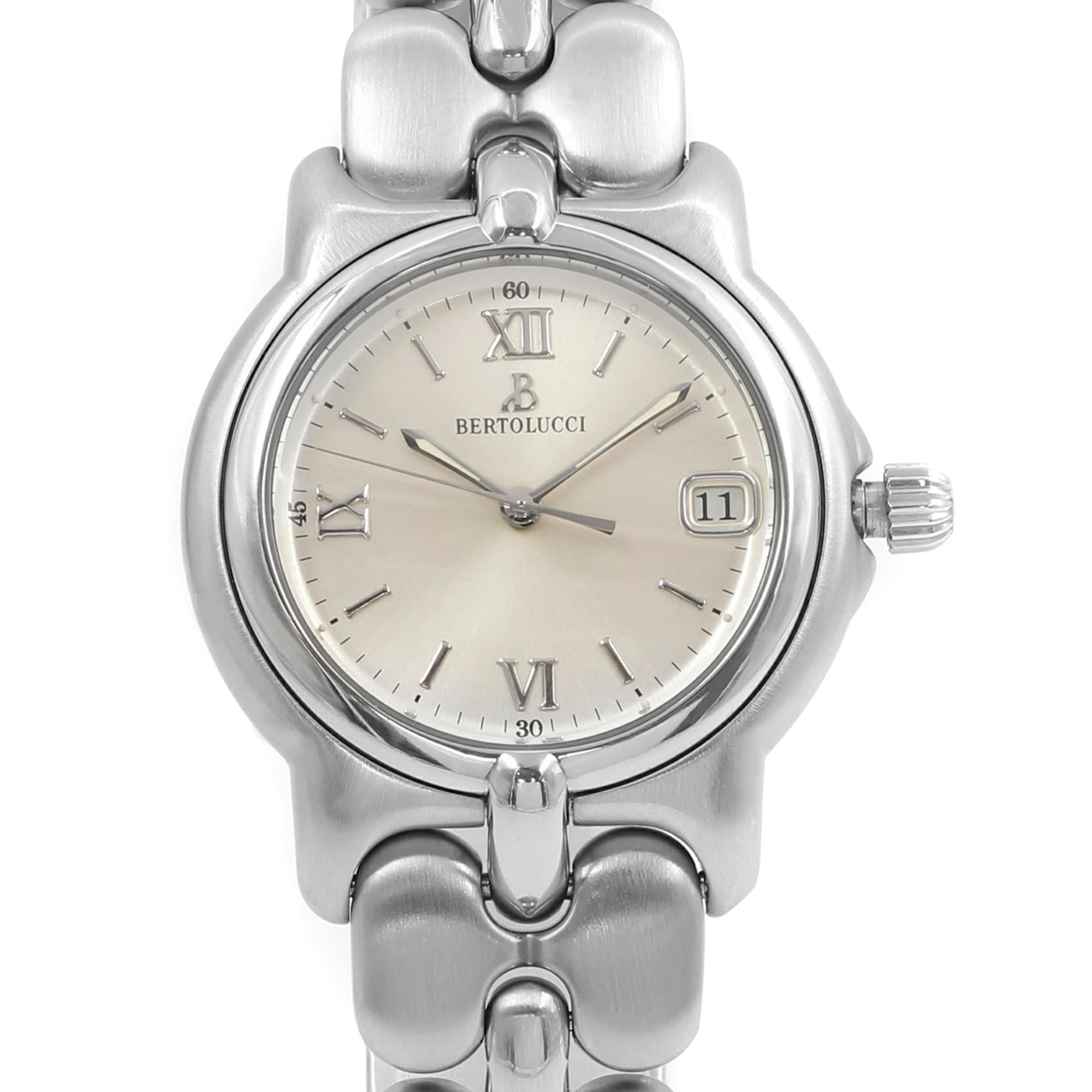 This pre-owned Bertolucci Pulchra  123 41 is a beautiful Unisex timepiece that is powered by quartz (battery) movement which is cased in a stainless steel case. It has a round shape face, date indicator dial, and has hand sticks & numerals style