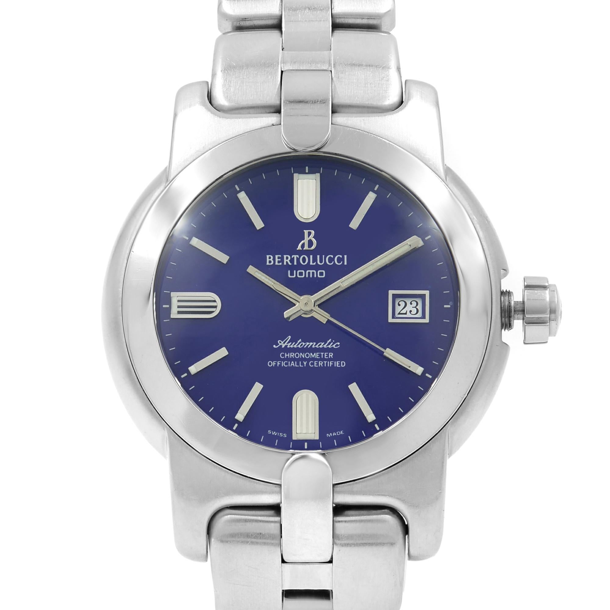 This pre-owned Bertolucci Uomo 884.55.41.104 is a beautiful men's timepiece that is powered by an automatic movement which is cased in a stainless steel case. It has a round shape face, date dial, and has hand sticks style markers. It is completed