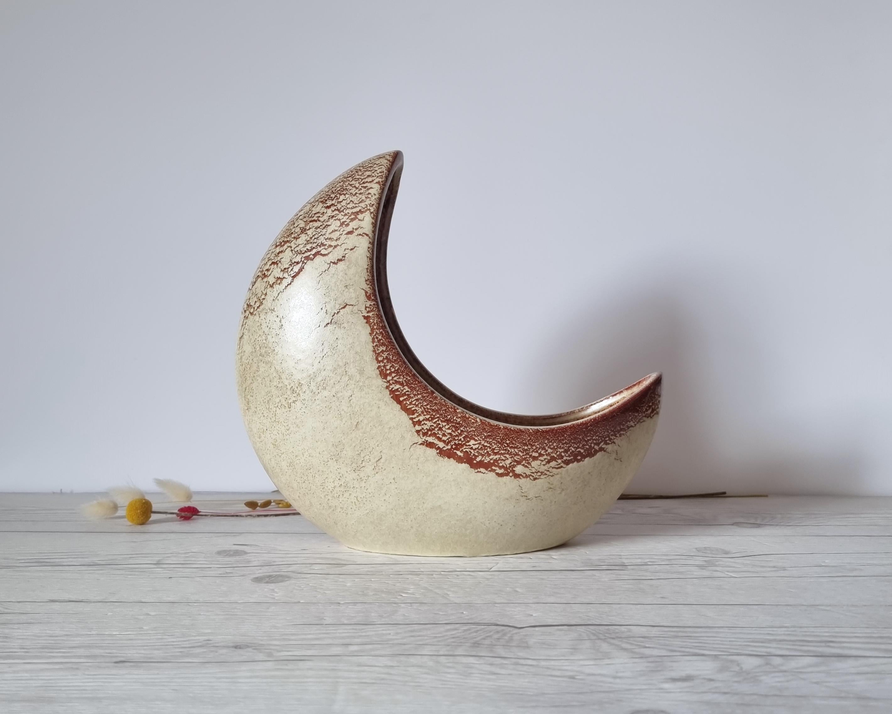 Mid-Century Modern Bertoncello, Havana Cream and Sienna Glaze, Modernist Crescent Moon Planter Vase